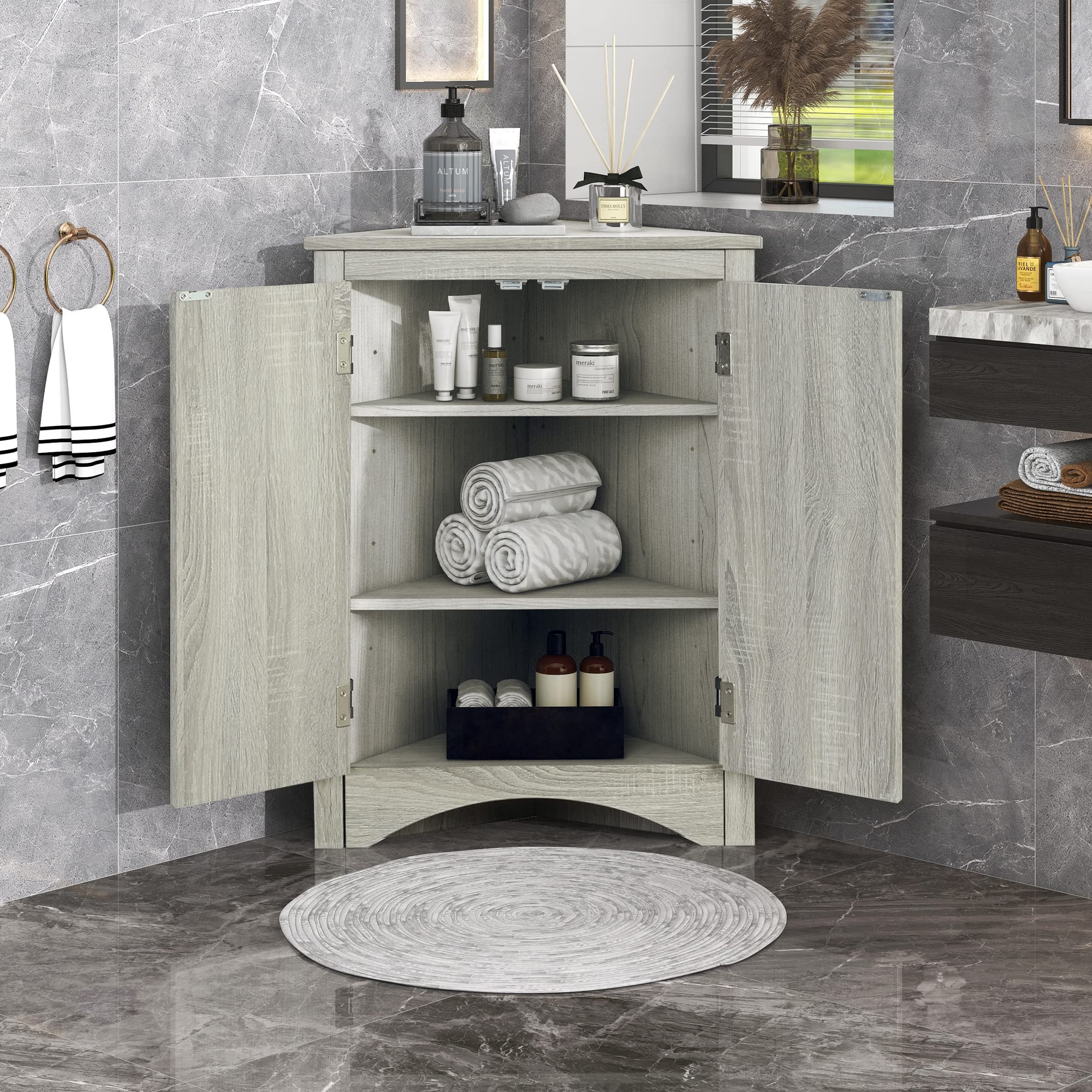 Freestanding Corner Storage Cabinet with Adjustable Shelves - Oak Kitchen & Bathroom Organizer for Spices, Towels, and Cleaning Supplies