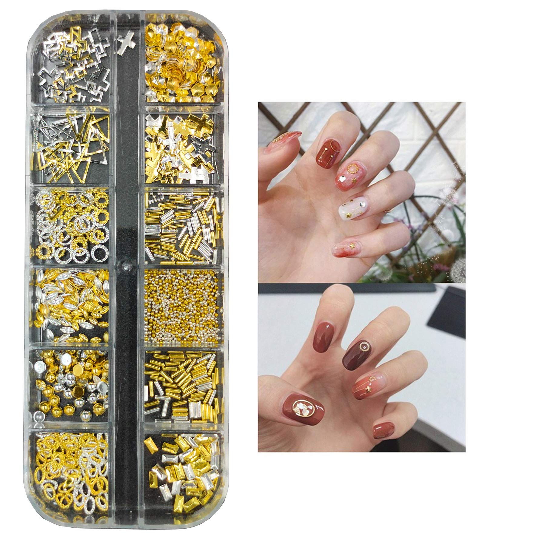 S.A.V.I 1 Palette - 12 Styles DIY Nail Art Alloy Accessories Kit for Manicure (Gold & Silver Mixed Shapes Decorations) - Perfect for Home Salon, Nail Art Enthusiasts & Professional Nail Technicians