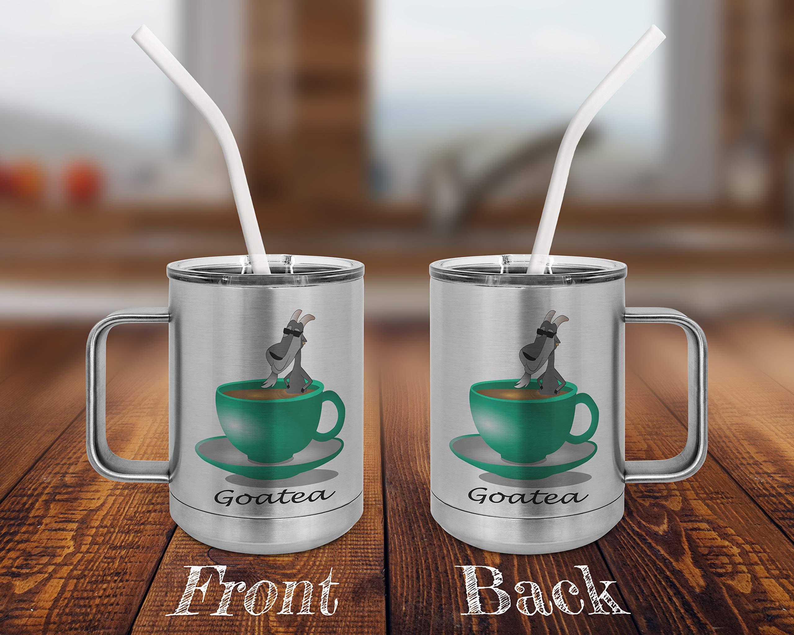 PixiDoodle Funny Tea Goat Lover Insulated Coffee Mug Tumbler - 15oz Stainless Steel Travel Cup with Spill-Proof Lid & Silicone Straw - Perfect for Hot/Cold Drinks, Office, Camping & Gifts
