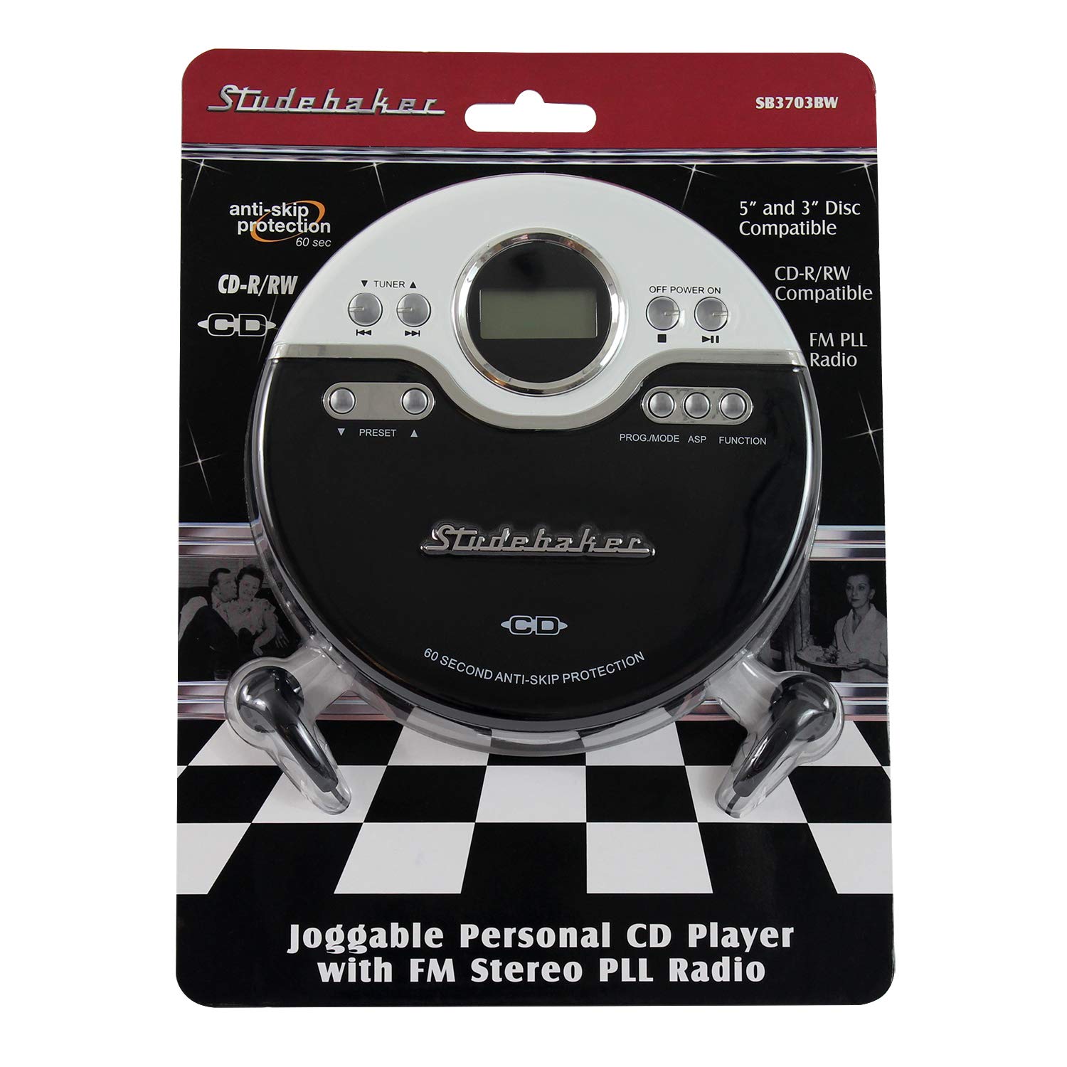 Studebaker SB3703BWA Portable CD/MP3 Player with FM Radio, Bookmark Feature & Jogging Clip - Black/White | Perfect for Running, Commuting & Travel