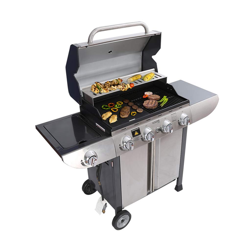 XKRSBS Cart Style Liquid Propane Gas Grill with Cast Iron Cooking Grids - Dual Grill Modes & Side Burner - Perfect for Backyard BBQs, Tailgating and Outdoor Cooking (Silver)