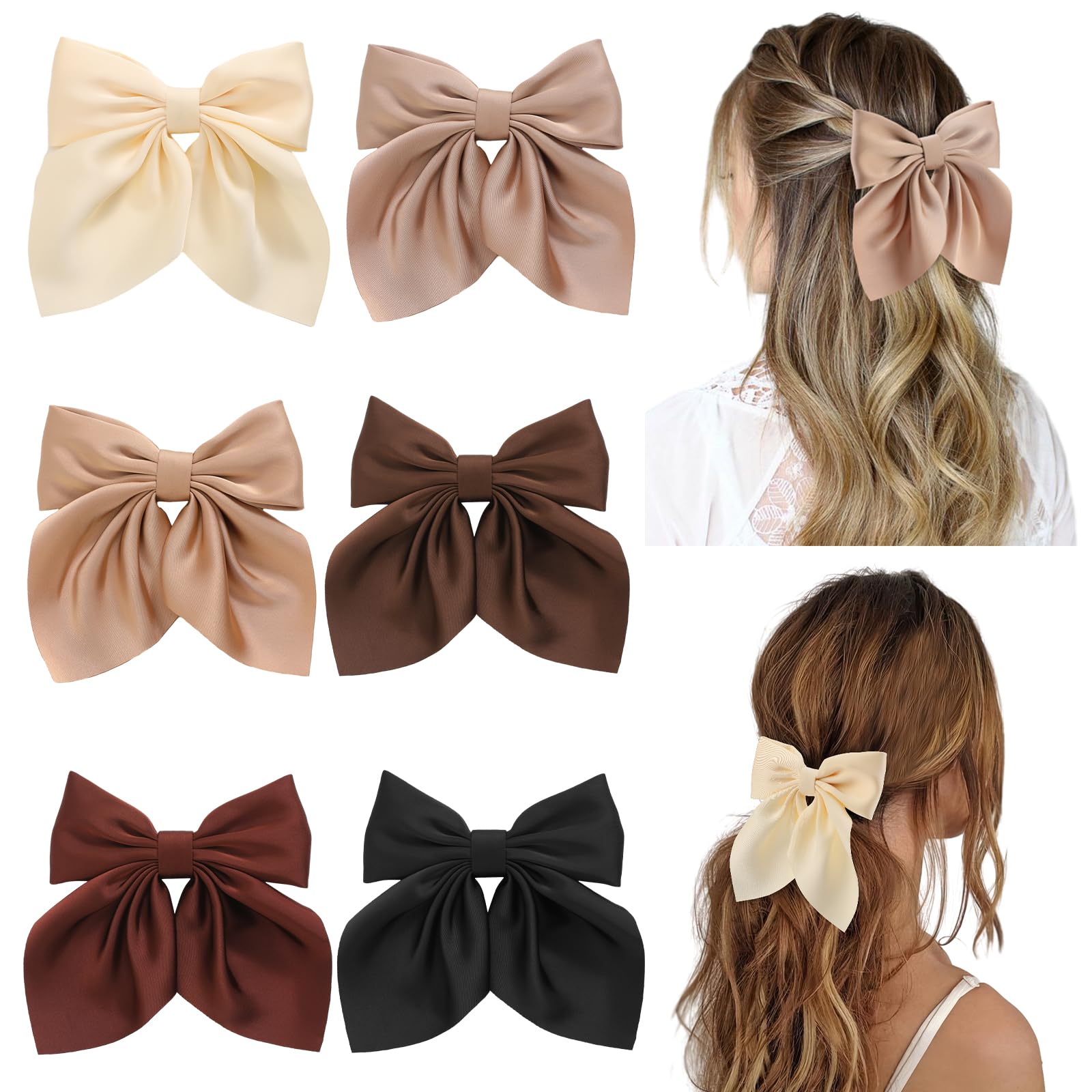 6Pcs Elegant Satin Hair Bows for Women & Girls - Neutral Color Bow Hair Clips, Soft Silky Hair Ribbons - Perfect Hair Accessories Gift for Birthday, Wedding, Party & Everyday Style