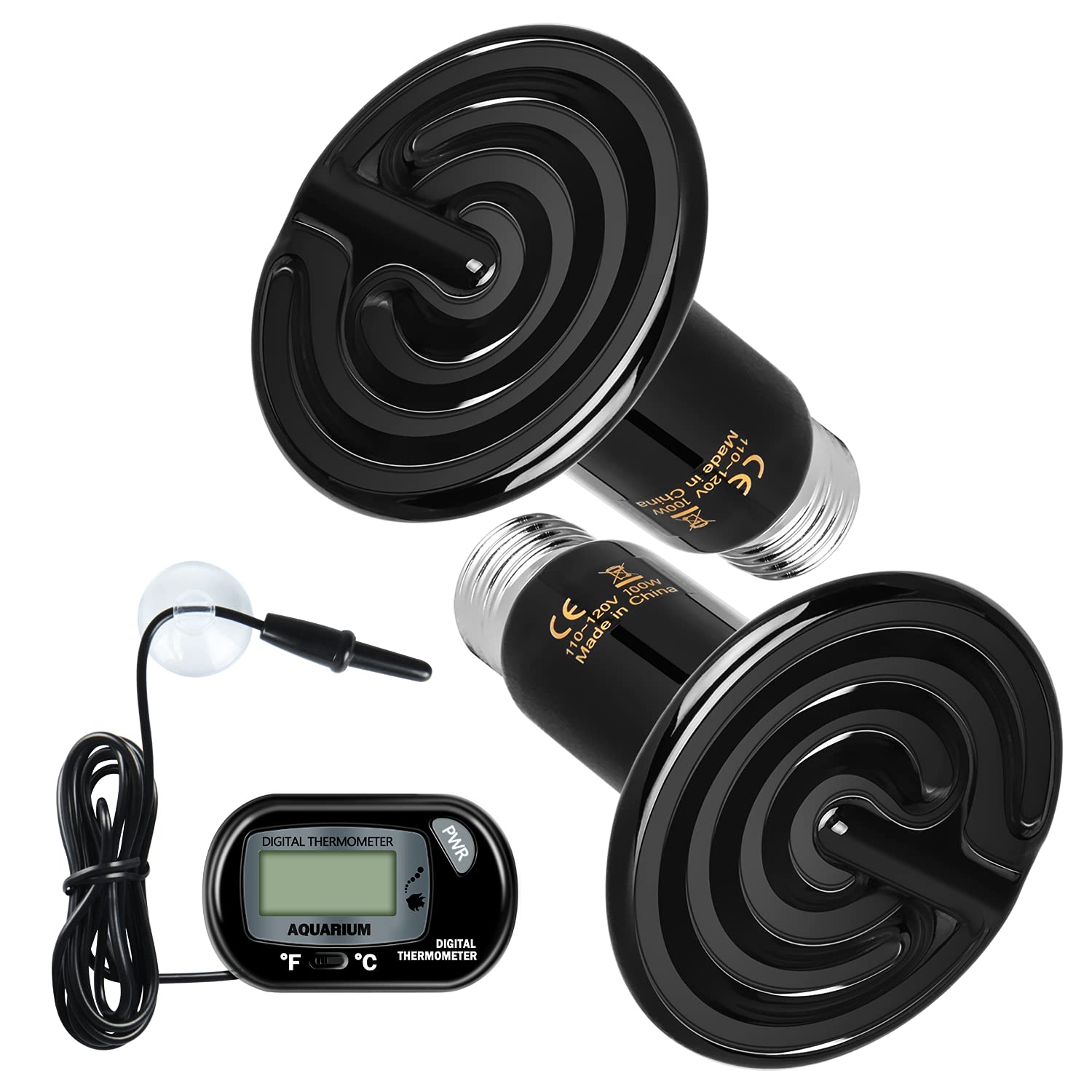 Simple Deluxe 100W 2-Pack Ceramic Heat Emitter Bulb - No Light Reptile Heat Lamp with Free Digital Thermometer - Ideal for Reptile Tanks, Chicken Coops, Brooders & Aquariums - Perfect for Lizards, Turtles, Snakes & Pet Habitats
