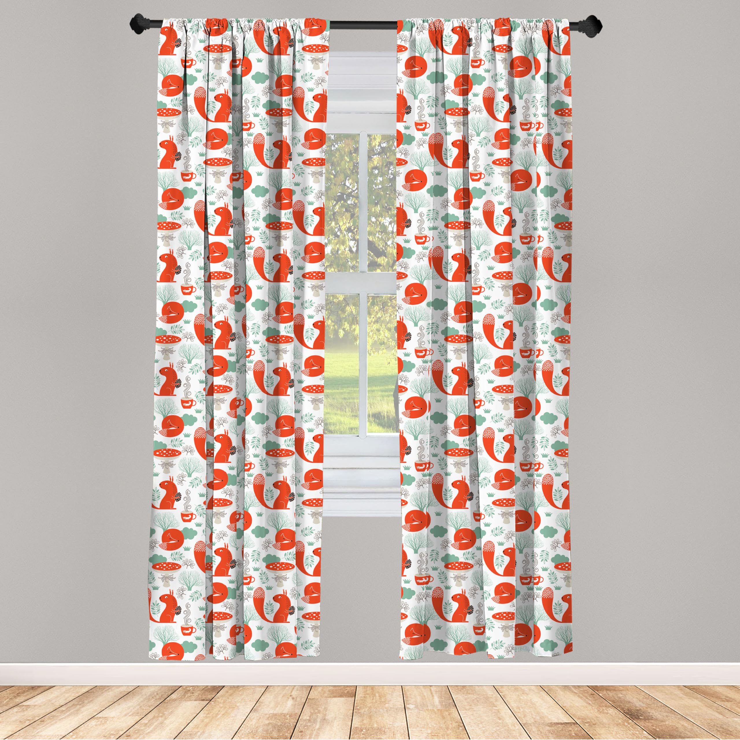 Ambesonne Fox Curtains - Small Forest Animal Print with Leaves & Mushrooms, Winter Nature Design, 2 Panel Window Treatments for Living Room & Bedroom, 28
