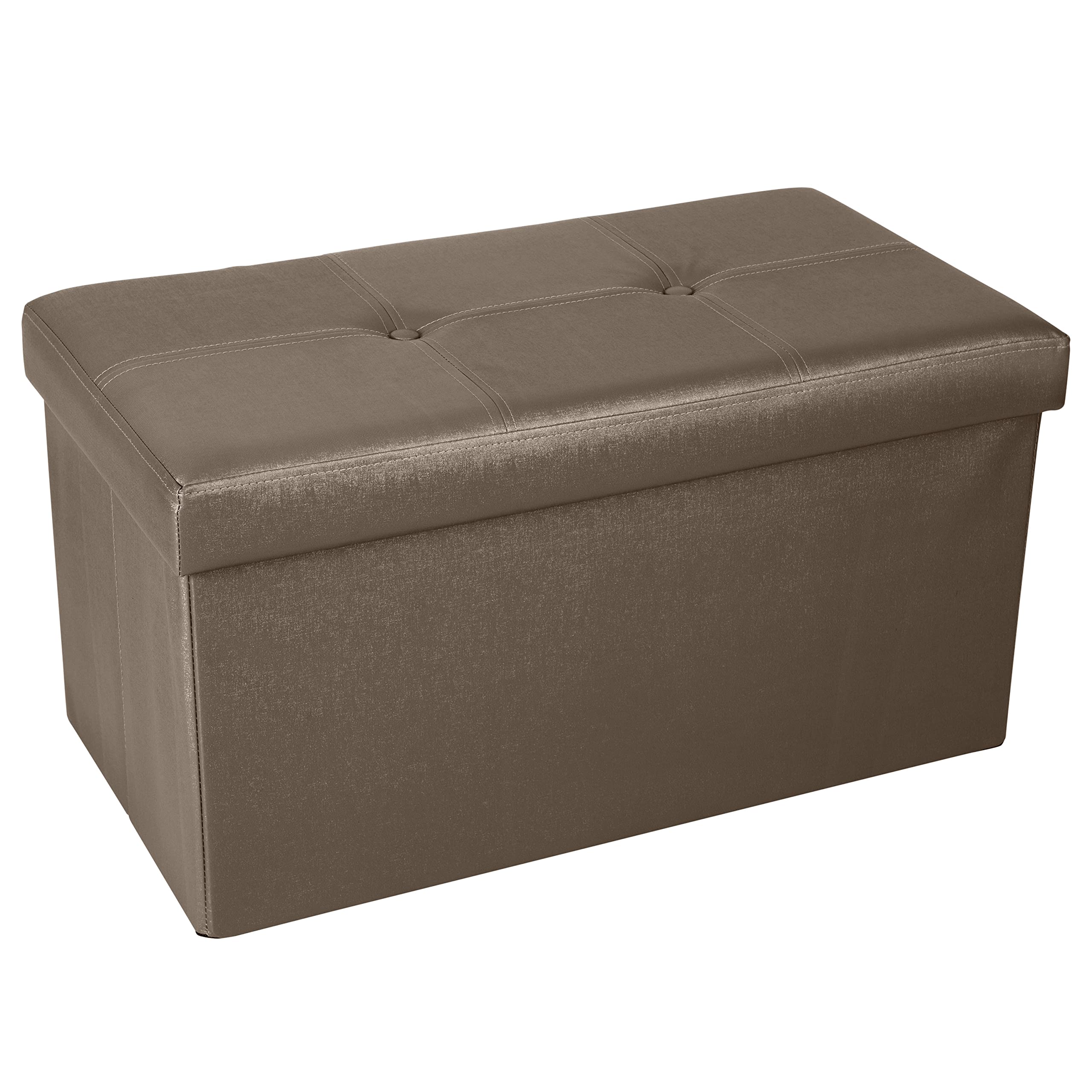 Faux Leather Folding Storage Ottoman - Double Size Collapsible Tufted Bench with Padded Seat | Foot Rest & Toy Box in Metallic Bronze | Perfect for Living Room, Bedroom & Nursery Organization