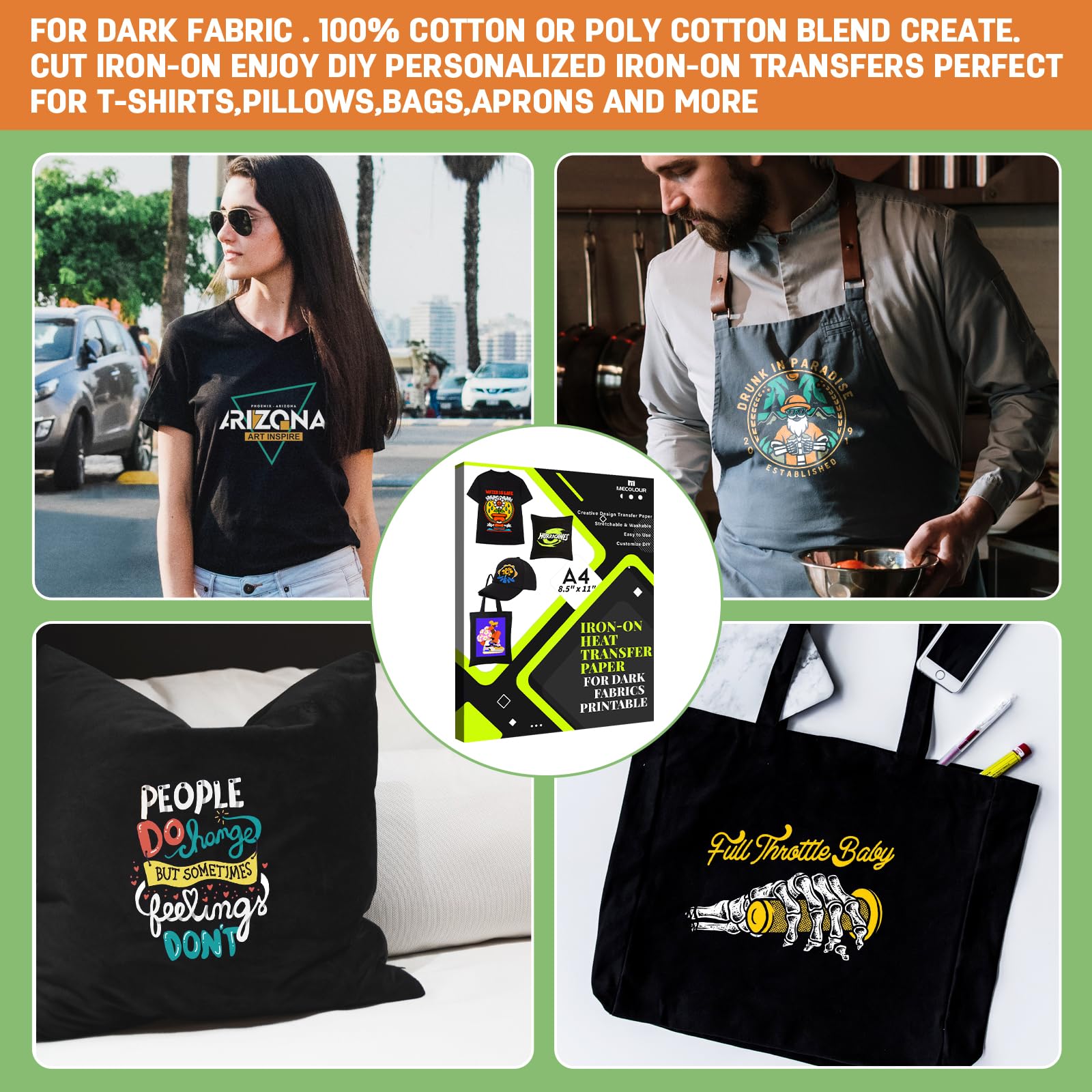 Premium MECOLOUR Iron-On Heat Transfer Paper for Dark Fabrics - 8.5x11 Inches Inkjet Printable T-Shirt Transfer Sheets (20 Pack) - Perfect for DIY Custom Apparel, Personalized Gifts & Craft Projects