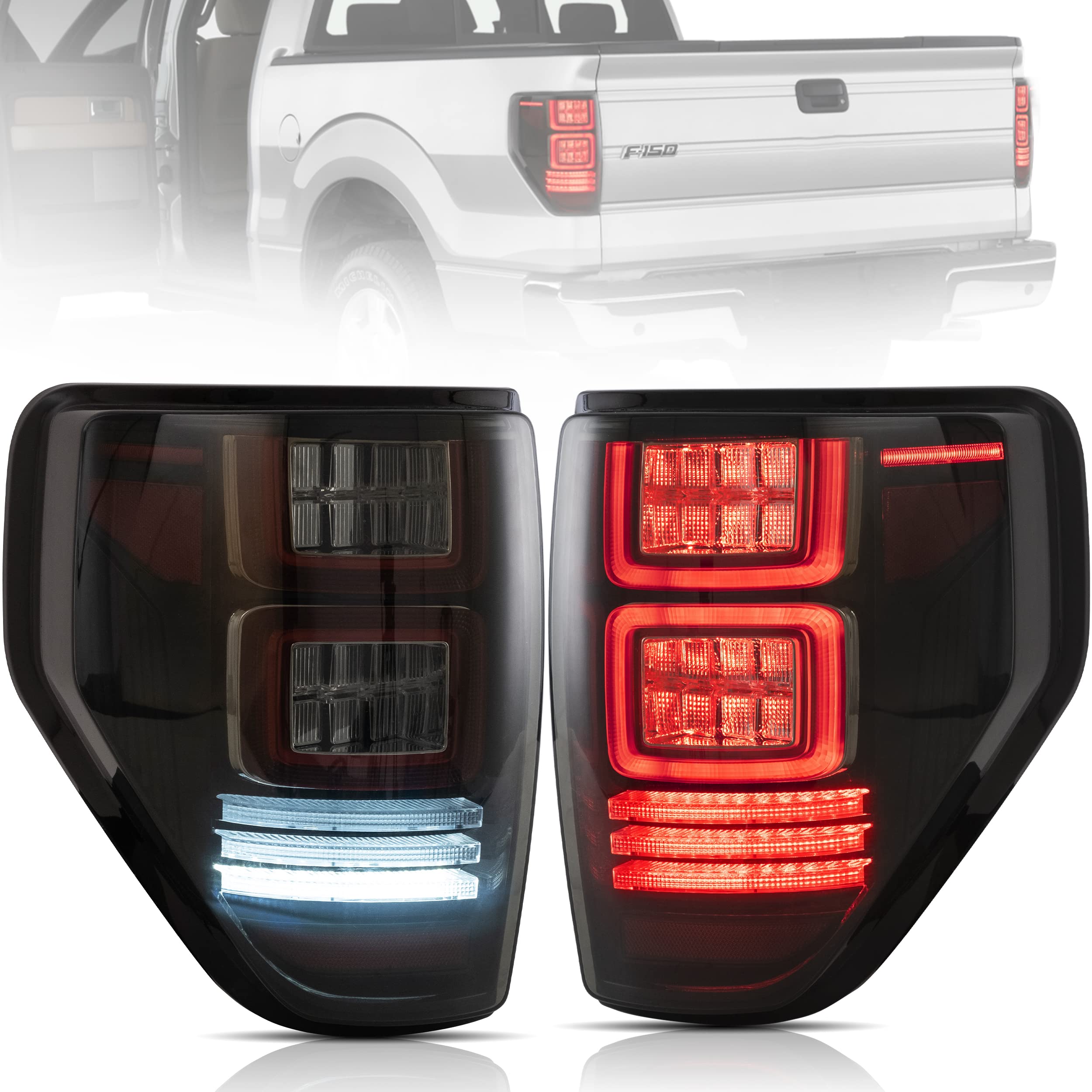 VLAND Smoked LED Tail Lights Assembly for Ford F-150 2009-2014 - Plug & Play Replacement with Turn Signal & Reverse Lights - Upgrade Your Truck's Style & Safety for Night Driving & Off-Road Adventures