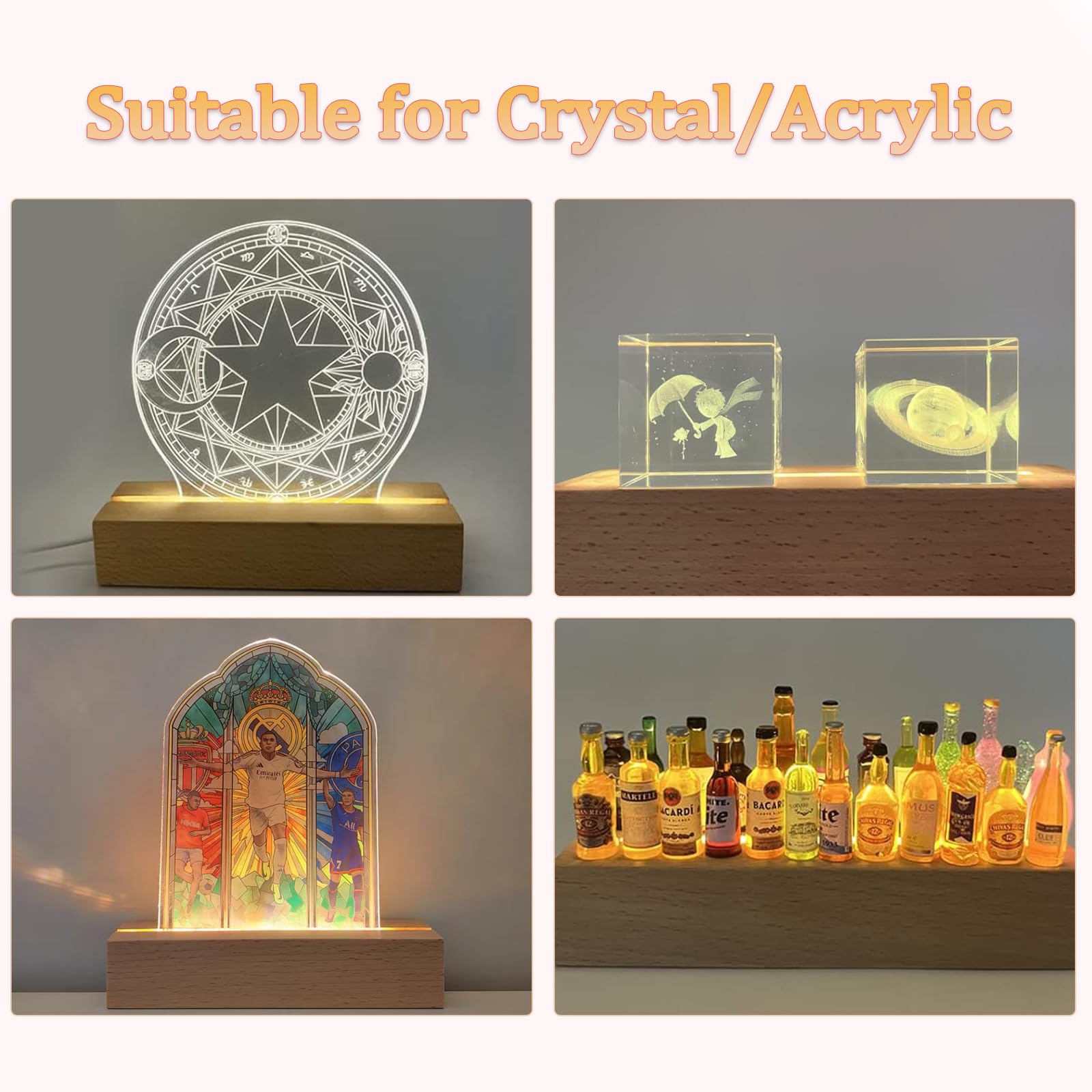 2 Pack 6 Inch Wooden LED Display Pedestal Stand - Rectangle Light Base for Acrylic, Crystal, Glass Resin Art, Night Lights - USB Powered with On/Off Switch (Warm White) - Perfect for Home Decor, Gift Displays & Art Exhibition Lighting