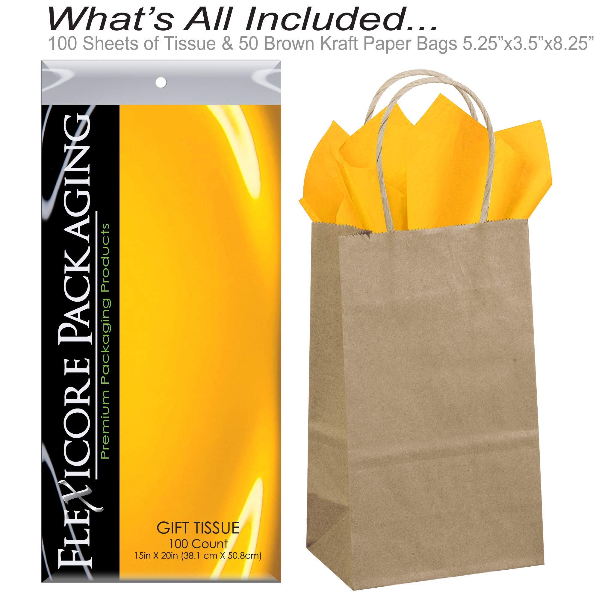 Flexicore Packaging® 50-Pack Natural Brown Kraft Paper Gift Bags with 100 Sheets Goldenrod Yellow Tissue Paper - Eco-Friendly Party Favor Bags for Weddings, Birthdays & Holiday Gifts