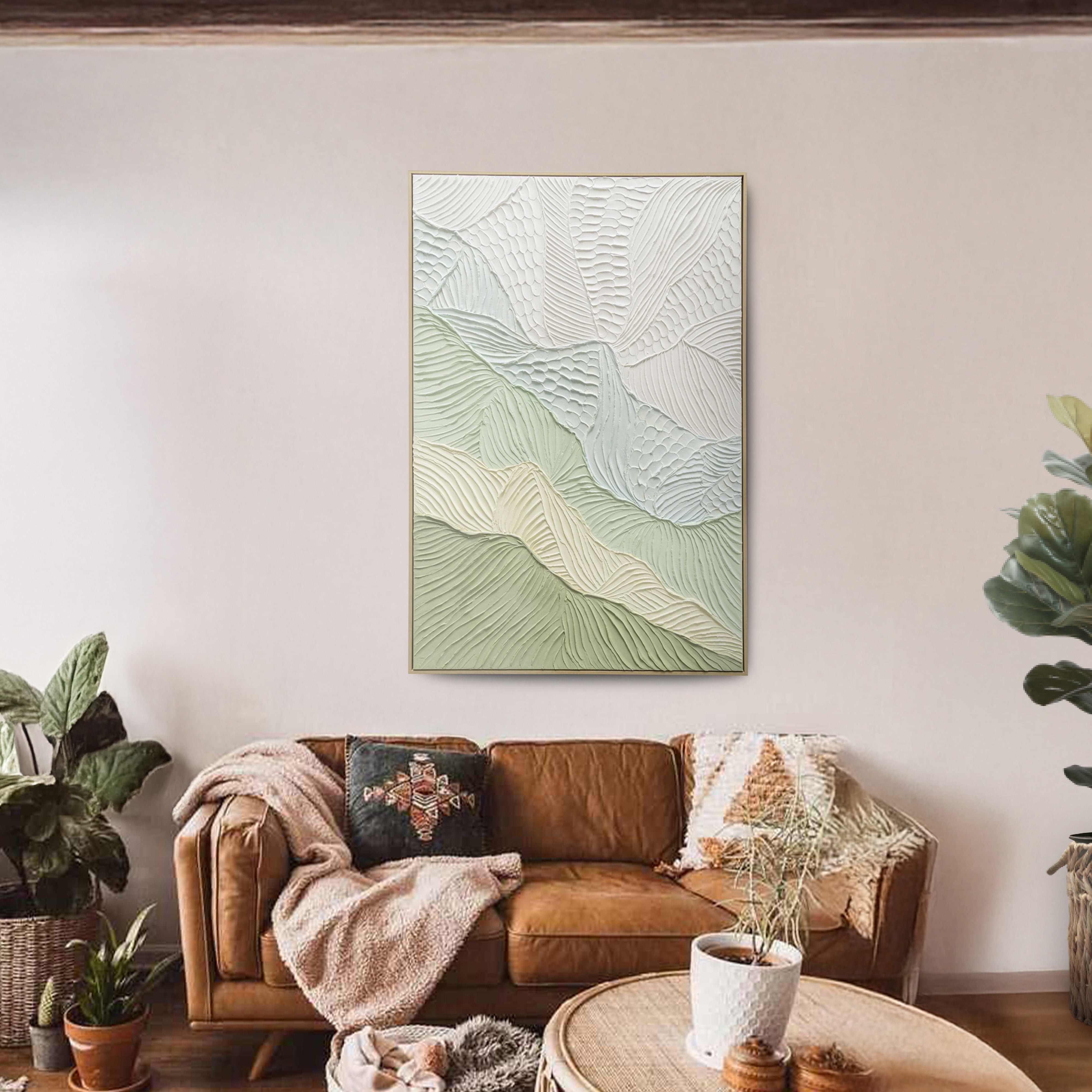 Urban Style Brushmarks Oil Painting - Textured Sage Ripple Abstract Wall Art for Living Room, Bedroom & Office Decor