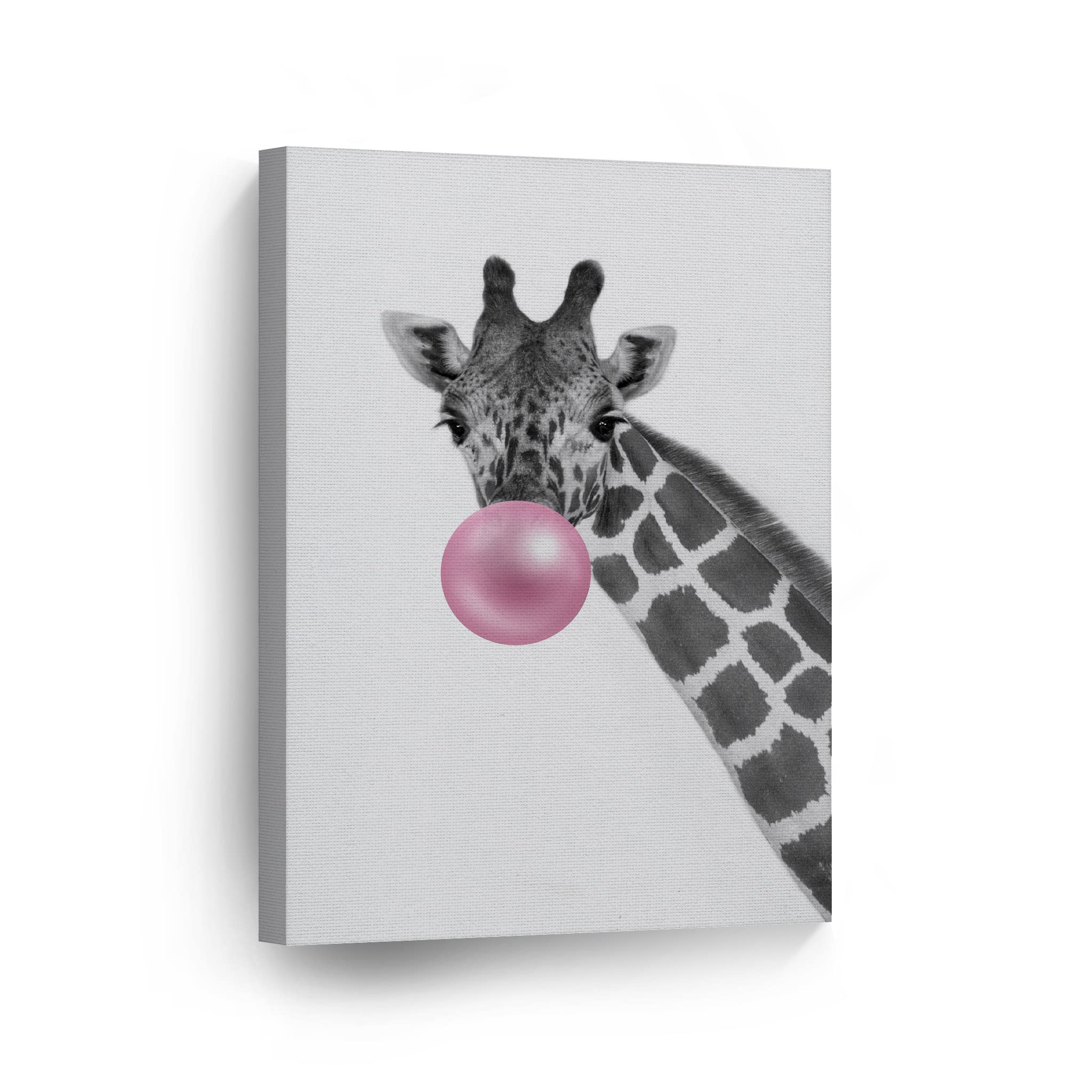 Smile Art Design Giraffe Animal Canvas Print - Pink Bubble Gum Art, Black & White Wall Decor for Nursery, Kids Room - Handmade in USA, 40x30 Inch, Ready to Hang - Perfect for Baby Showers, Children's Bedrooms & Playroom Decor