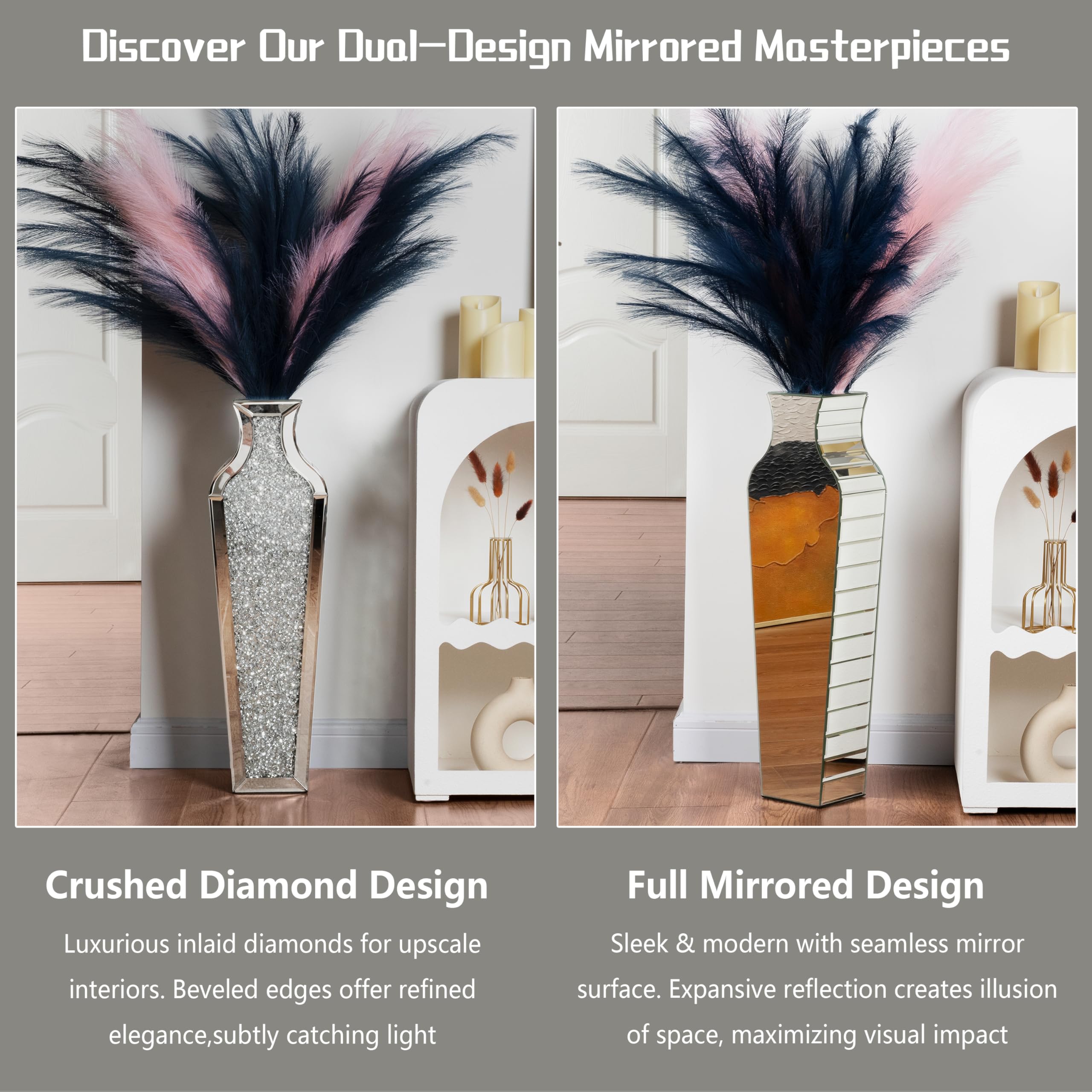 SHYFOY 26.8 Inch Tall Crushed Diamond Floor Vase - Large Silver Mirror Vase for Home Decor, Luxury Dried Flower Arrangement Container - Perfect for Living Room, Bedroom & Wedding Centerpiece Decorations