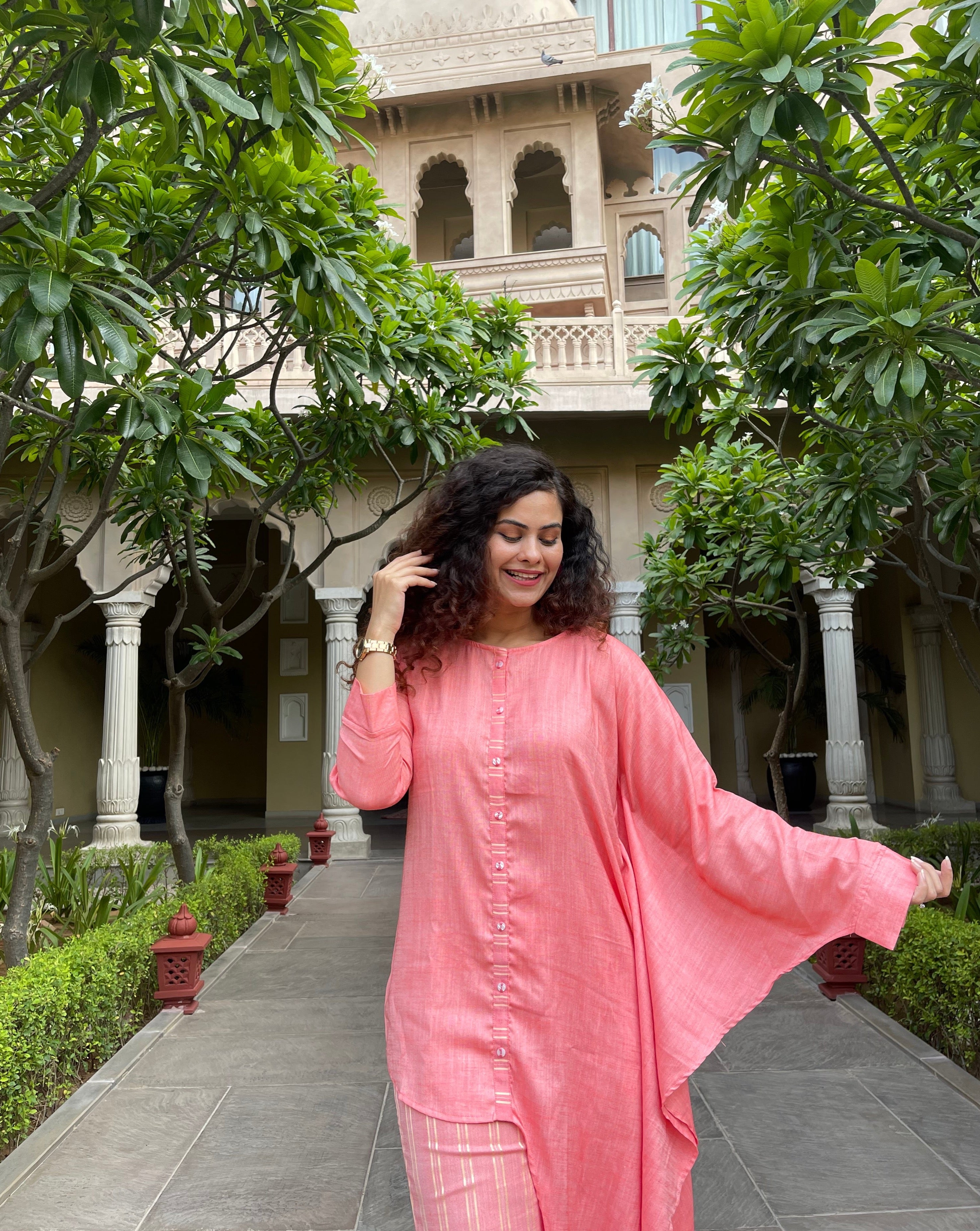 Stylish Pink Asymmetric Cotton Co-Ord Set for Women | Trendy Two Piece Outfit | Perfect for Casual Wear, Beach Outings & Summer Fashion