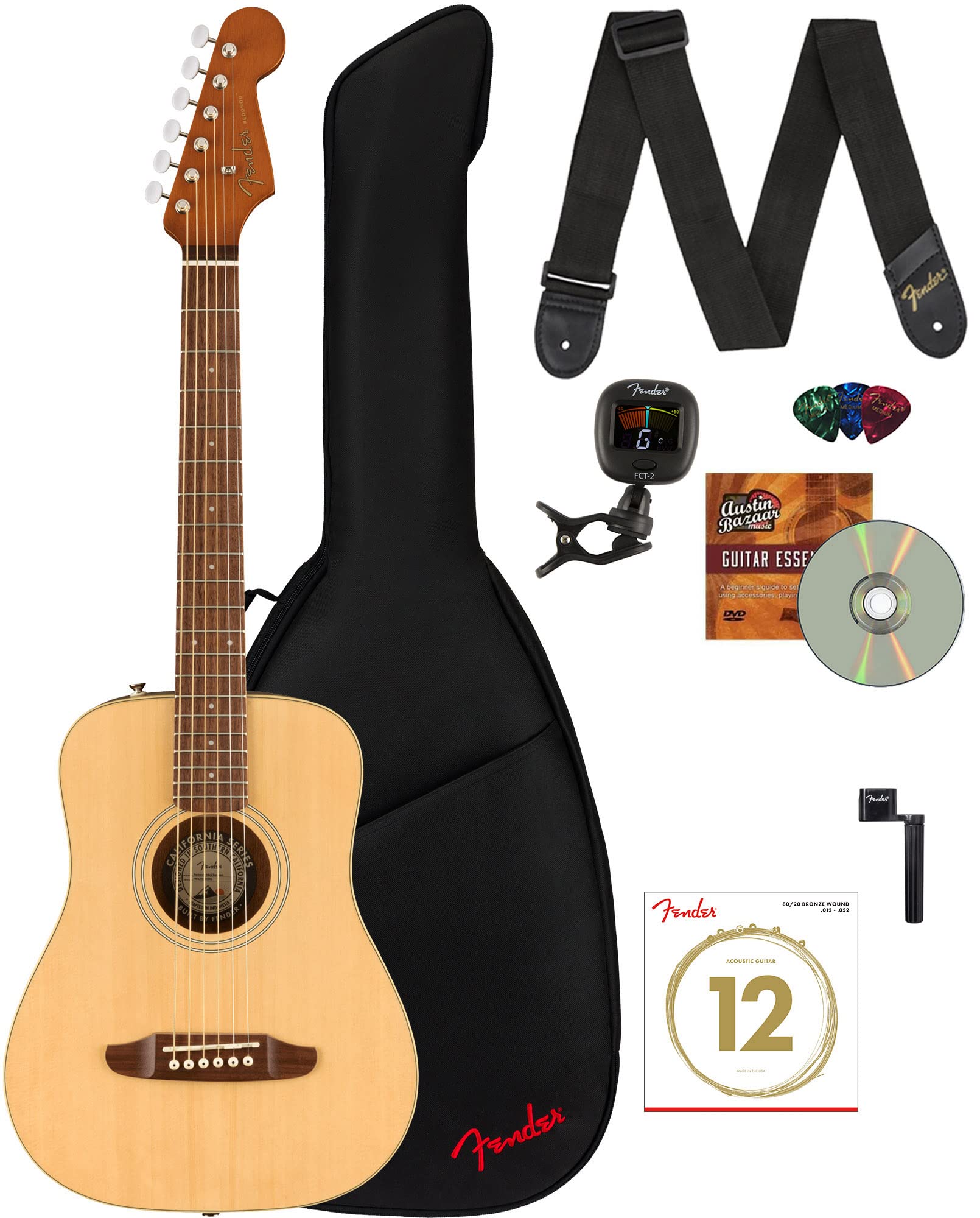 Fender Redondo Mini Acoustic Guitar Bundle with Gig Bag, Strap, Clip-on Tuner, Strings, Picks & Instructional DVD - Natural Finish | Perfect for Beginners, Travel & Camping Music Sessions