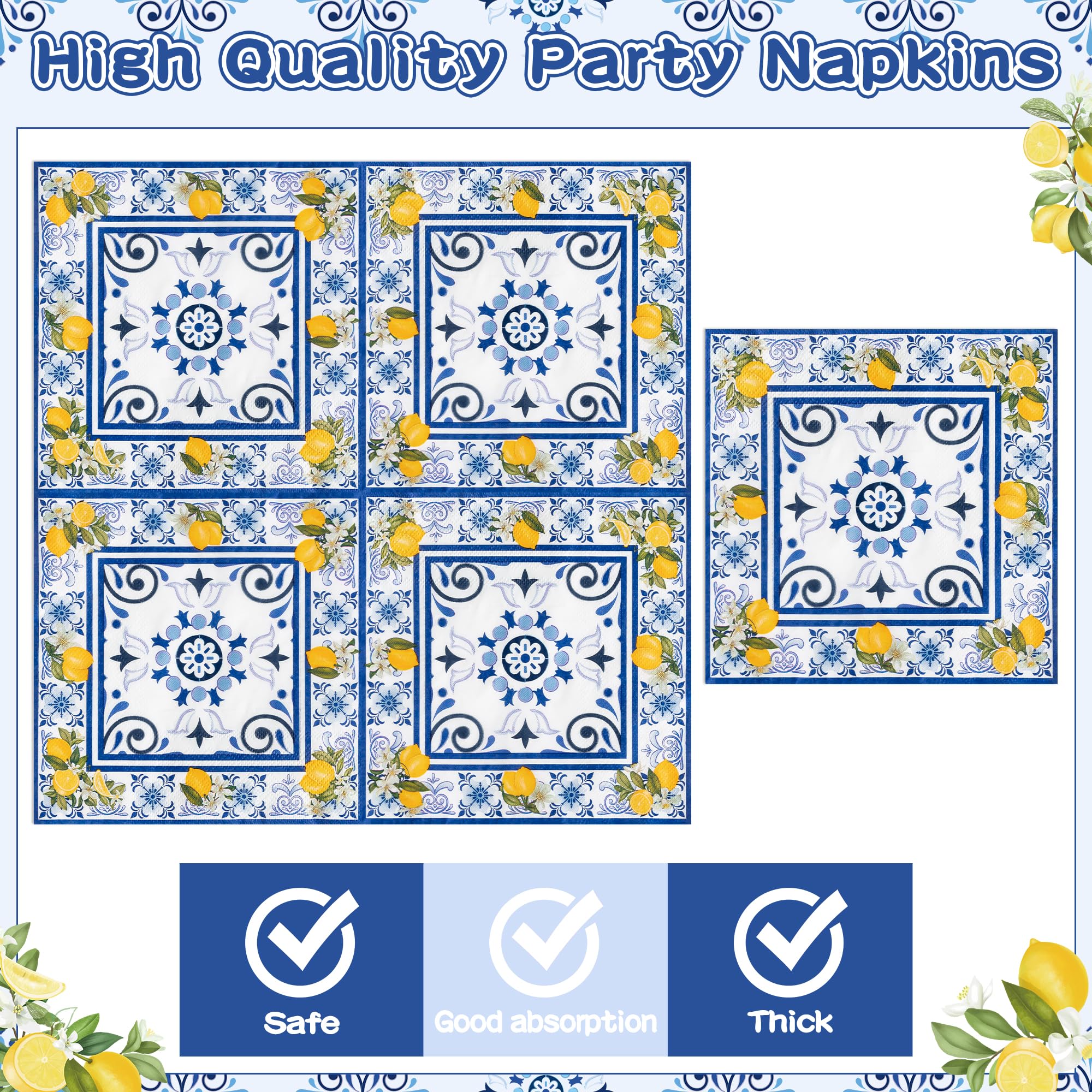 96-Pack Blue & Yellow Lemon Print Disposable Party Plates, Napkins & Forks - Tropical Citrus Theme Tableware for Kids Birthday, Baby Shower (Serves 24) | Summer BBQ, Pool Party & Outdoor Picnic Decorations