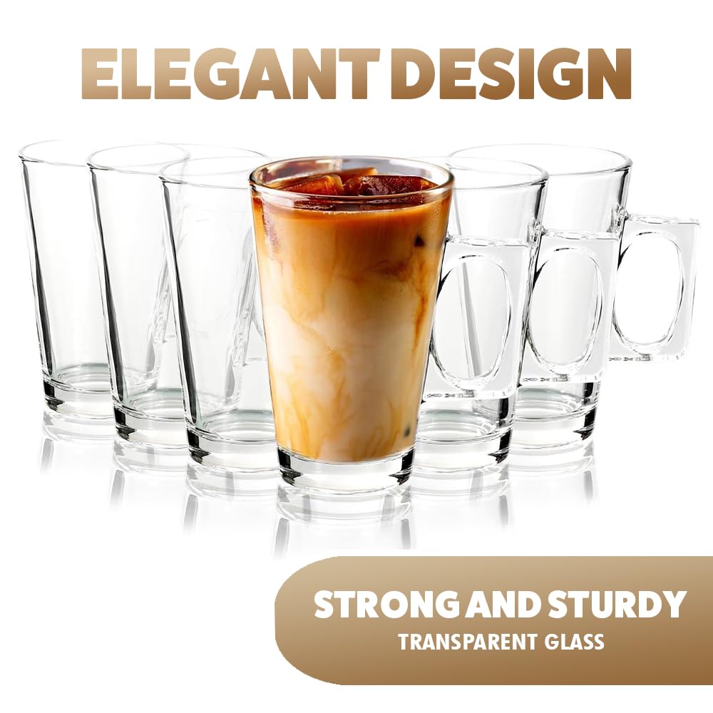 Marco Paul 6-Piece Latte Glass Set with Stirrer & Frother - 6oz Glass Coffee Mugs for Espresso, Cappuccino & Hot Drinks - Perfect for Home, Cafe & Office Use - Dishwasher Safe Coffee Cup Set