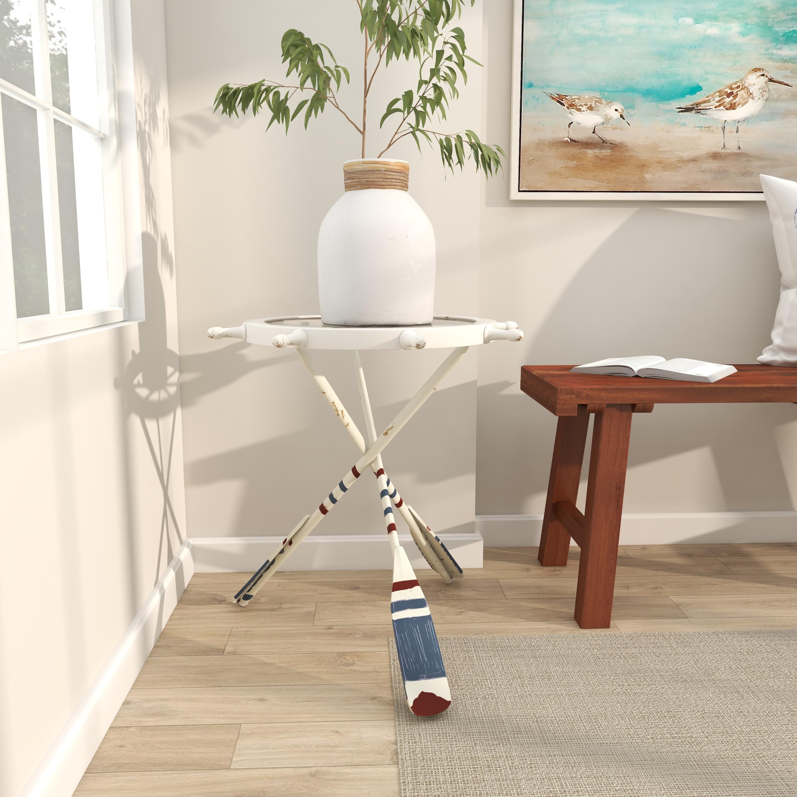 Deco 79 Nautical White Metal Ship Wheel Side Table with Oar Shaped Legs - 23x23x24 Inches - Coastal End Table for Living Room, Bedroom or Patio Decor