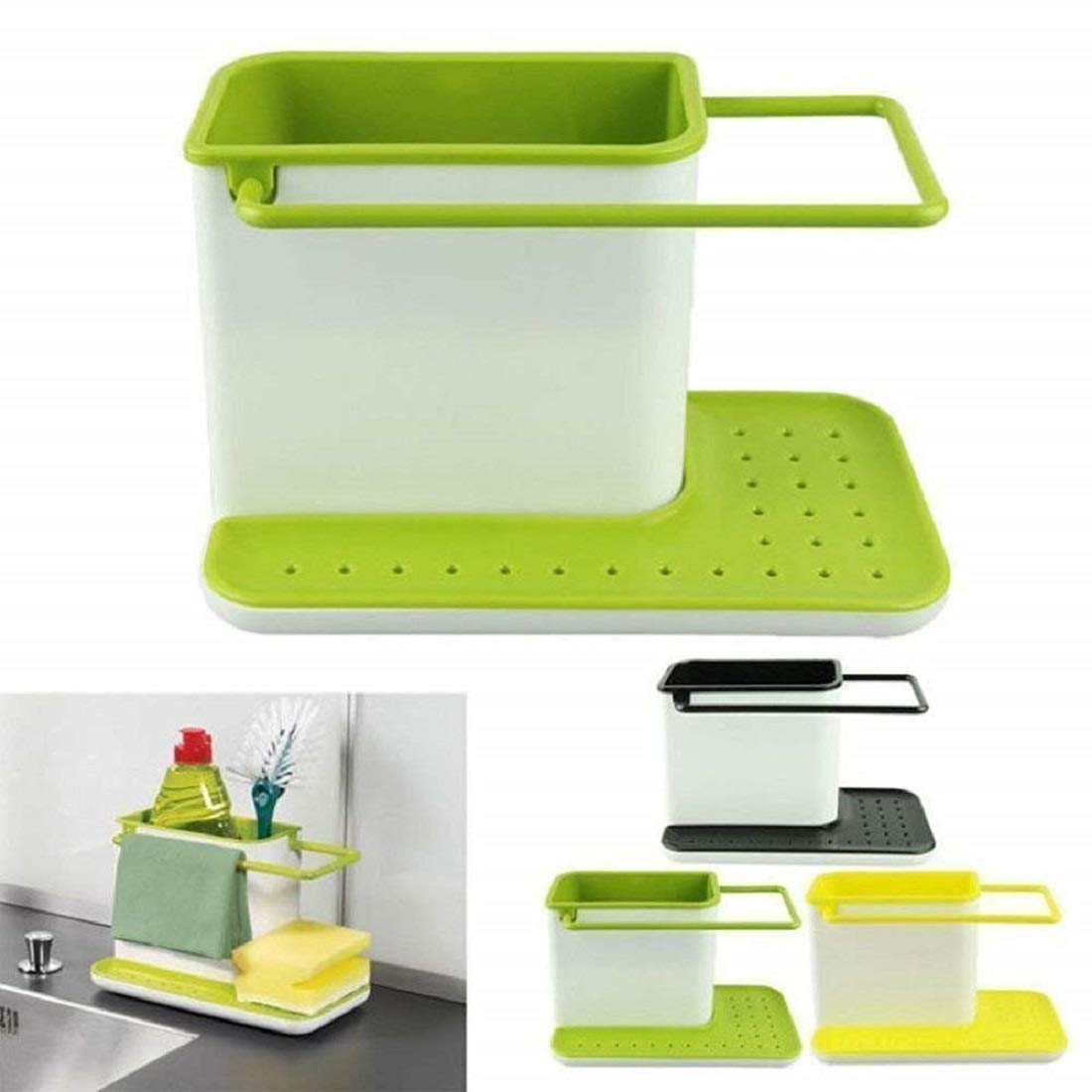 HEBEZON 3-in-1 Kitchen Organizer Stand - Wall Mounted Sink Caddy with Dish Drainer, Soap Dispenser & Sponge Holder - Space Saving Multicolor Rack for Dishwasher Liquid & Scrubbers - Perfect for Small Kitchens, Apartments & RVs
