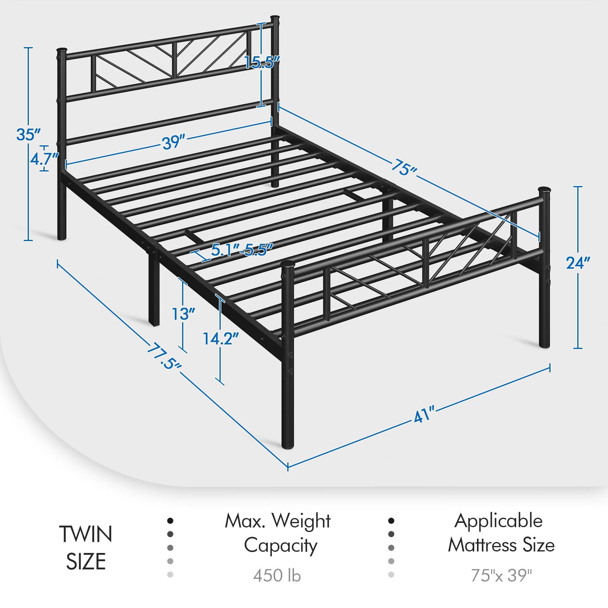 Yaheetech Twin Size Metal Platform Bed Frame with Arrow Design Headboard - 13 Inch Sturdy Mattress Foundation, No Box Spring Needed, Space-Saving Storage Under Bed, Easy Assembly, Modern Black Bedroom Furniture for Small Spaces & Dorm Rooms