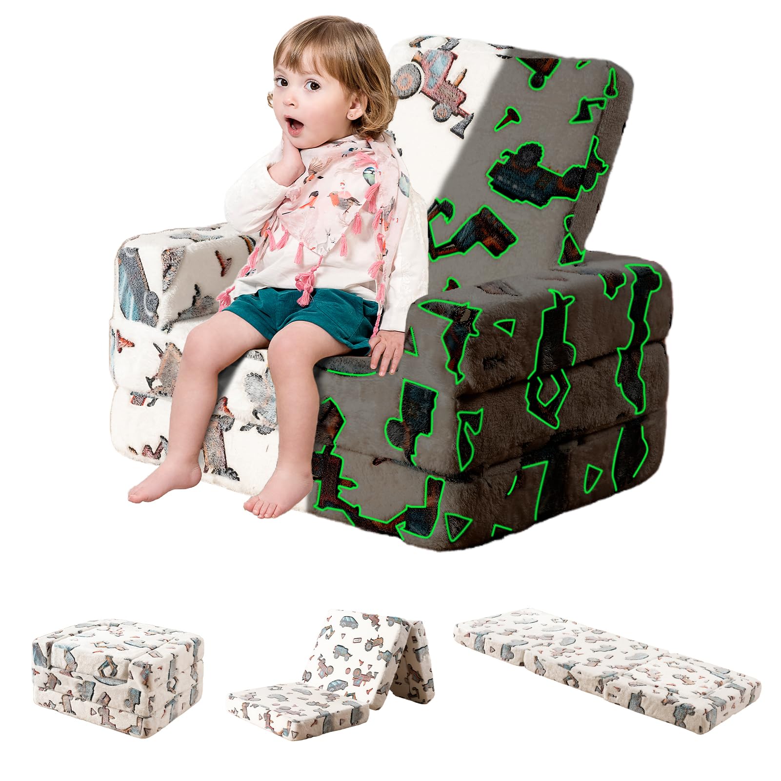 MAXYOYO 2-in-1 Toddler Couch & Kids Folding Sofa - Glow in The Dark Children's Furniture with White Car Design - Perfect Gift for Boys & Girls - Ideal for Playroom, Bedroom or Nursery Decor