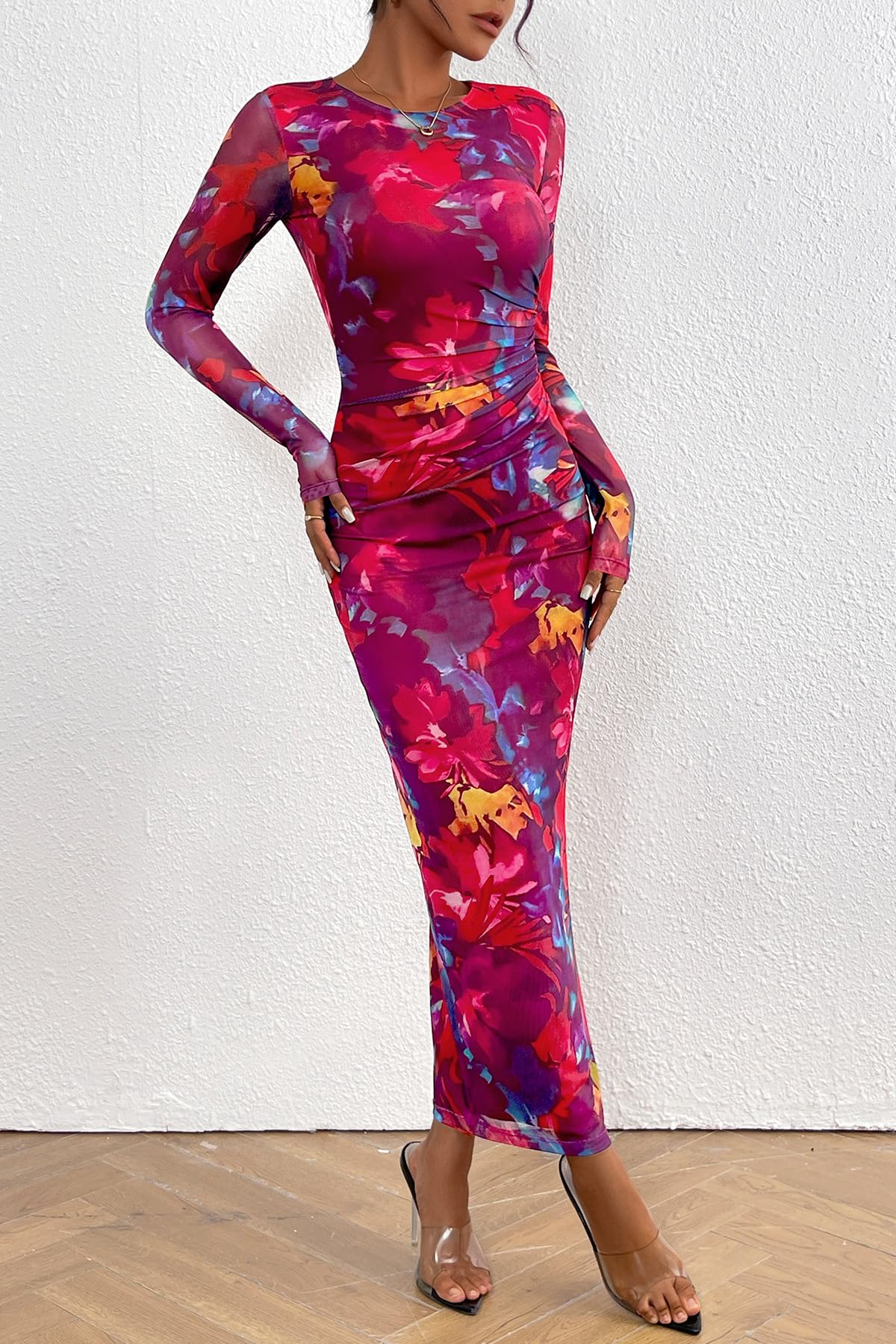 CFLONGE Women's Floral Print Long Sleeve Bodycon Dress - Ruched Cocktail Party & Wedding Guest Maxi Dress - Perfect for Evening Events, Date Nights & Special Occasions