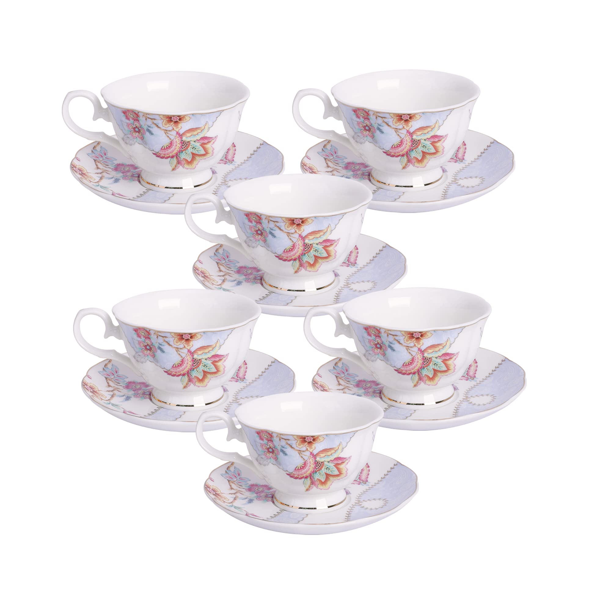 Fanquare Floral Coffee Cups Set of 6 (5 oz) - Porcelain Cappuccino Cups with Saucers - Elegant Tea Cups for Birthday, Wedding & Party - Purple - Perfect for Afternoon Tea, Coffee Break & Home Decor