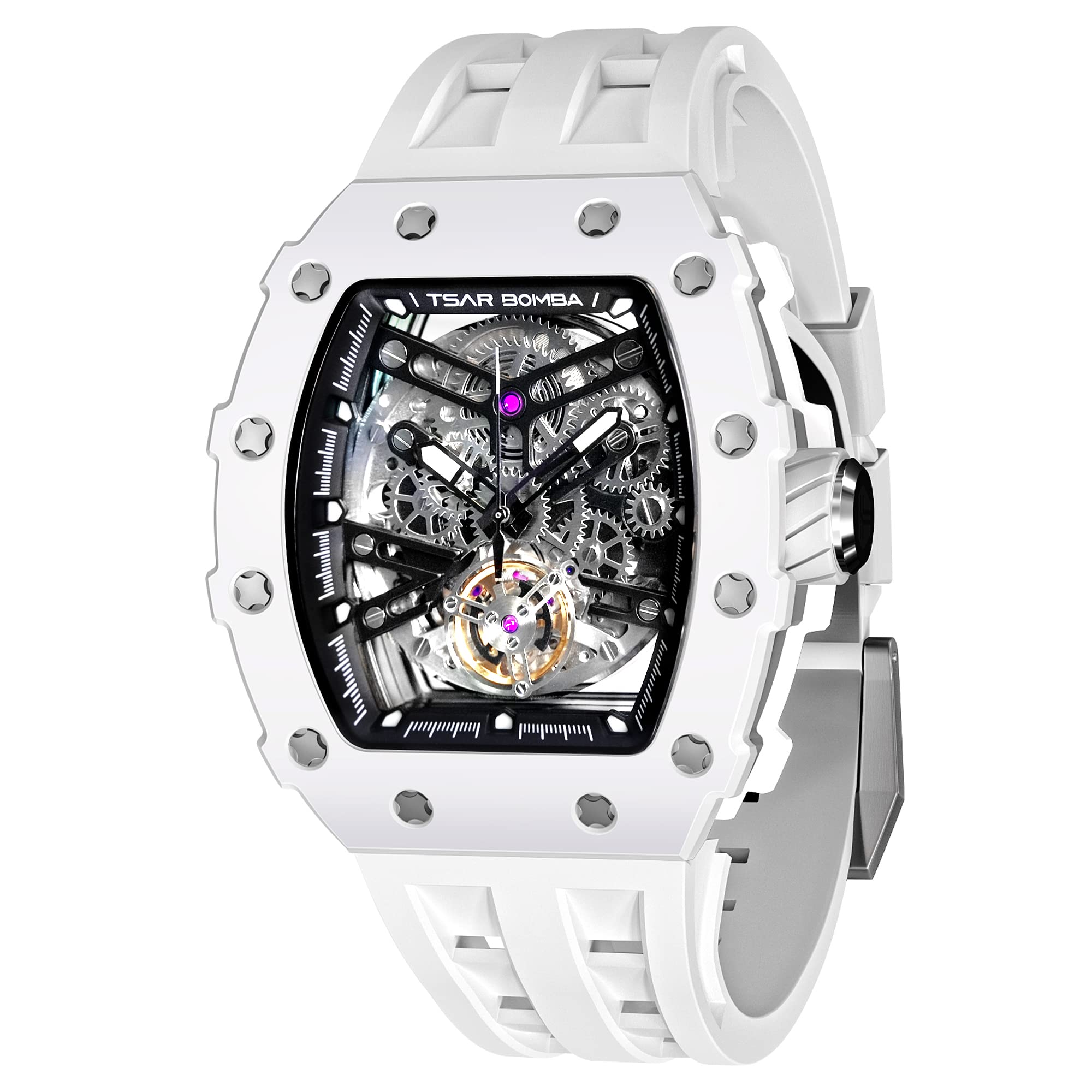 TSAR BOMBA Men's Automatic Skeleton Watch - Luxury Mechanical Tonneau Watch with Square Big Face Dial, 50M Waterproof, Silicone Strap - Perfect for Business, Formal Events & Everyday Wear