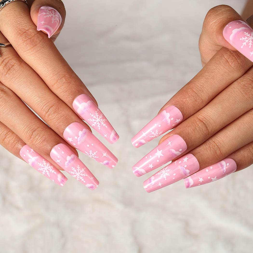 Christmas Snowflake Press-On Nails - Glossy Pink Coffin Fake Nails Long Cute Ballerina Style, Full Cover Artificial False Nails Tips for Women & Girls (24Pcs, Style B) - Perfect for Holiday Parties, Gift Giving & Special Occasions