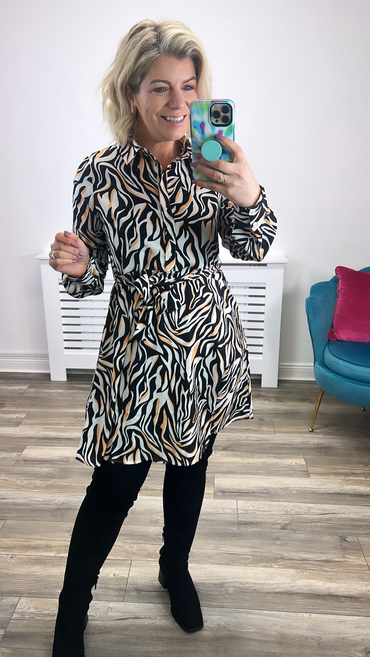 Iana Black & Zebra Print Shirt Dress for Women - Stylish Button Down Tunic Dress for Casual Wear, Office & Date Night Outfits