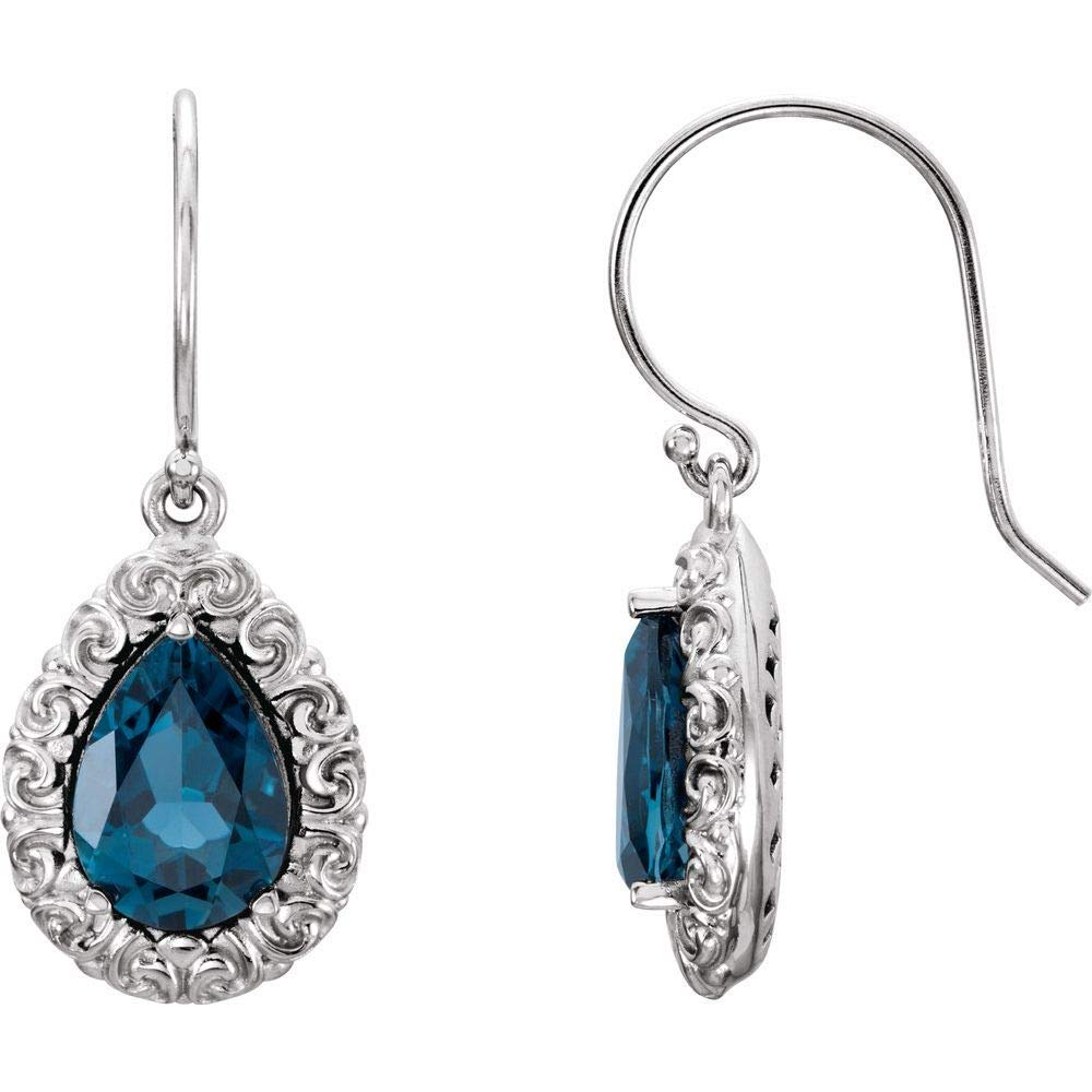 14K White Gold London Blue Topaz Dangle Earrings – Elegant Sculptural Design (28mm x 12mm) | Perfect for Weddings, Parties & Special Occasions