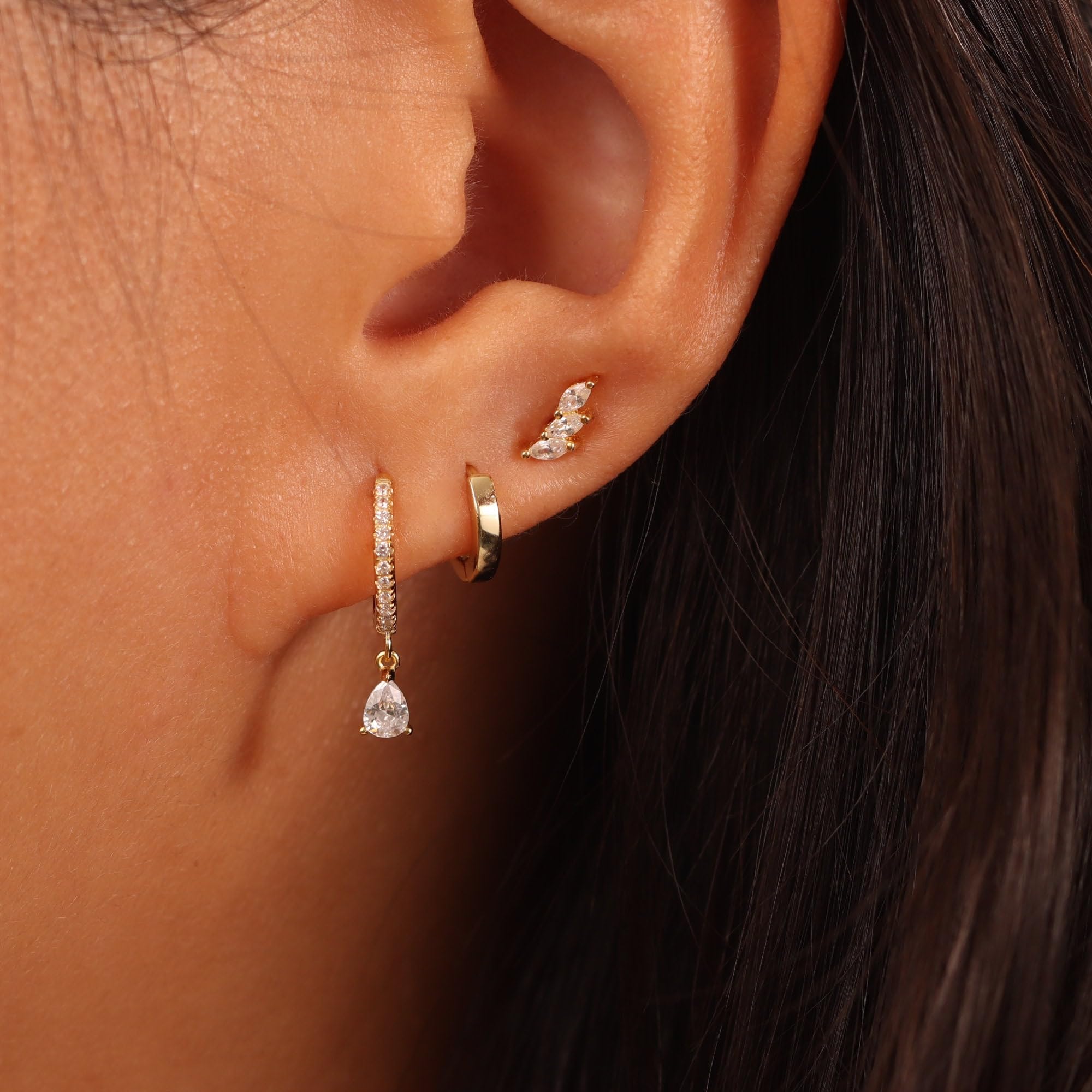 3 Pairs 14K Gold Plated Hoop Earrings for Women - Dainty Stud, Dangle & Huggie Cartilage Earrings Set | Hypoallergenic, Trendy & Elegant Jewelry Gift | Perfect for Everyday Wear, Parties & Special Occasions