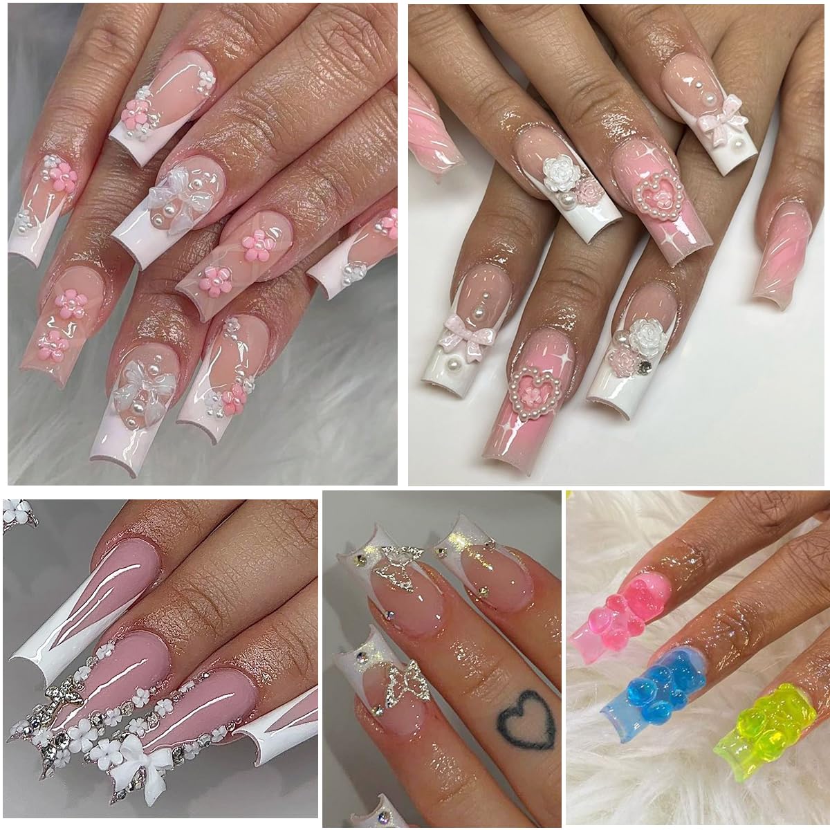 3D Nail Charms Bulk - 500pcs Assorted Colorful Nail Art Decorations with Flowers, Hearts, Pearls, Butterflies, Bows & Crystals - DIY Manicure Accessories Kit with Pickup Tool for Professional Salon, Home Nail Art & Party Glam