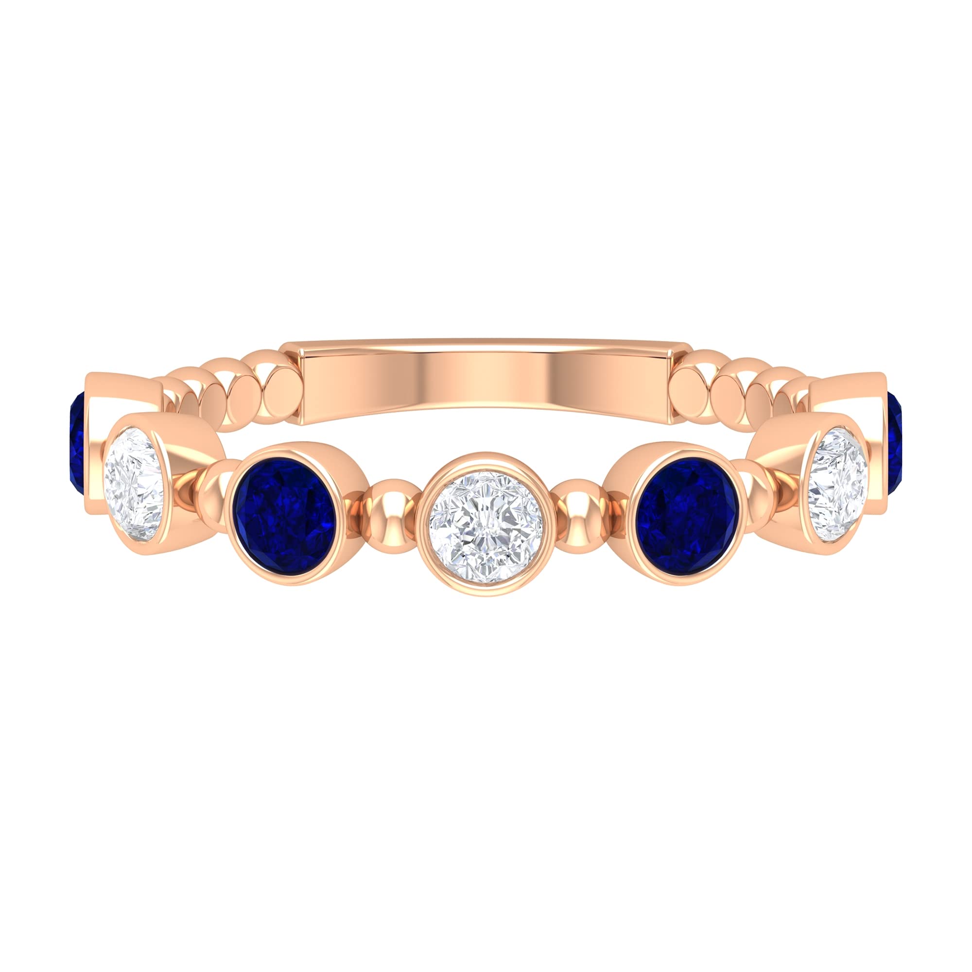 1 CT Blue Sapphire and Moissanite Ring in 14K Solid Gold - Elegant Beaded Design with 7-Stone Bezel Setting | Perfect for Engagement, Wedding, Anniversary & Special Occasions