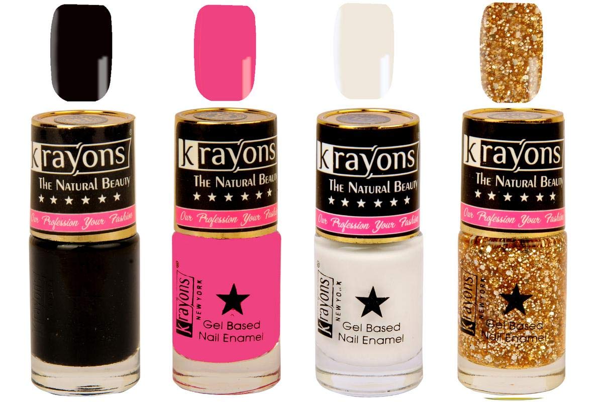 Krayons Gel Base Glossy Effect Nail Polish Set - 4 Trendy Colors (Black Sea, Angel Pink, Shimmer Golden, White Canvas) | 24ML Fast-Drying, Non-Toxic Formula for Women, Teens & Kids | Perfect for Parties, Salons & DIY Manicures at Home