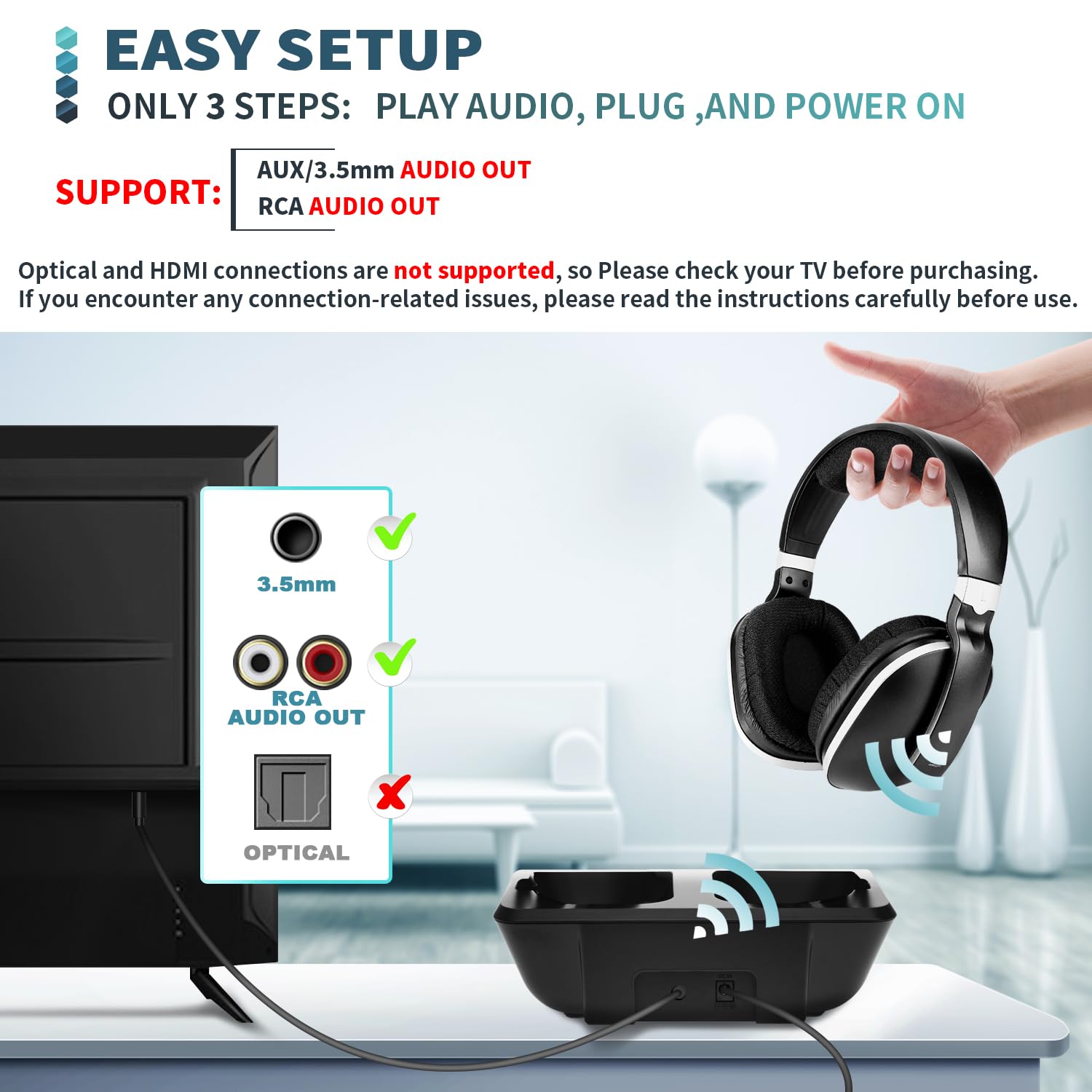 2.4GHz Wireless TV Headphones with 100ft Range - Over-Ear Stereo Headphones for Seniors & TV Watching - Rechargeable with Charging Dock (Black) - Perfect for Late Night Viewing Without Disturbing Others
