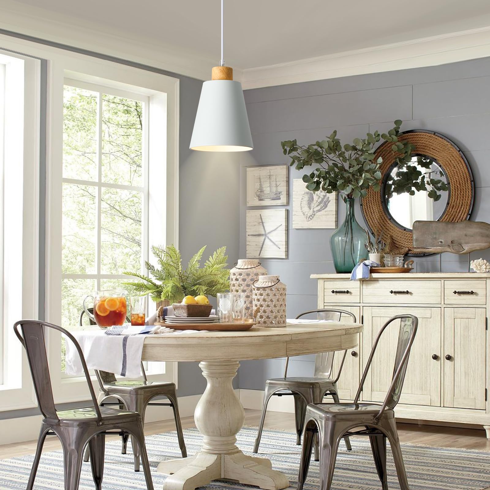 Modern White Wood Pendant Light - 5.94 Inch Adjustable Hanging Light Fixture for Kitchen Island, Dining Room, Bar & Bedroom | Mini Contemporary Ceiling Lighting for Home Decor, Restaurants and Cafes