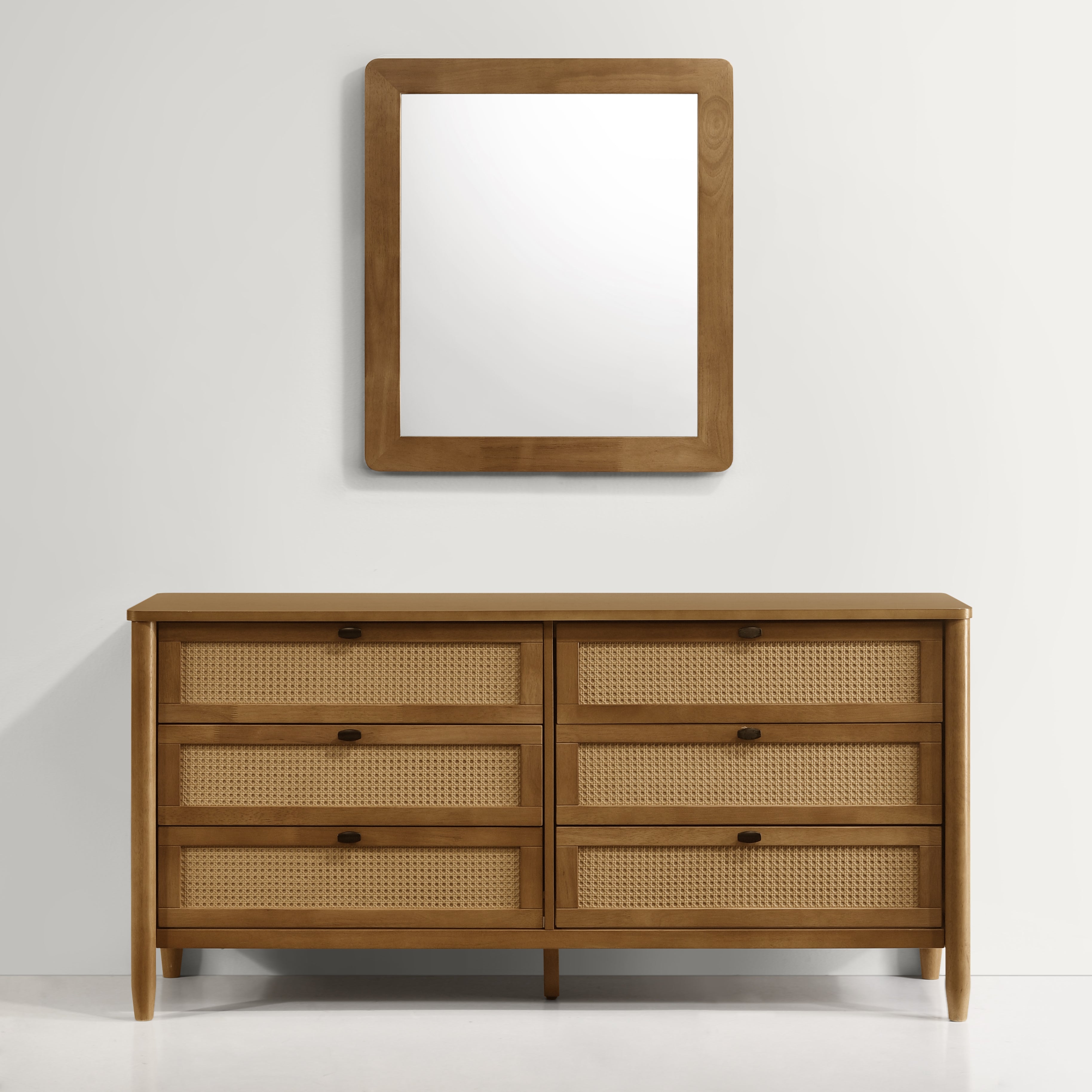 Roundhill Furniture Vichy 6-Drawer Wood and Rattan Dresser with Mirror - Stylish Bedroom Storage for Home Decor