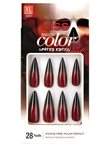 Kiss Salon Color Black & Burgundy Ombre Stiletto XL Nails - Halloween Limited Edition Orange Pumpkin Press-On Nails for Costume Parties & Special Events