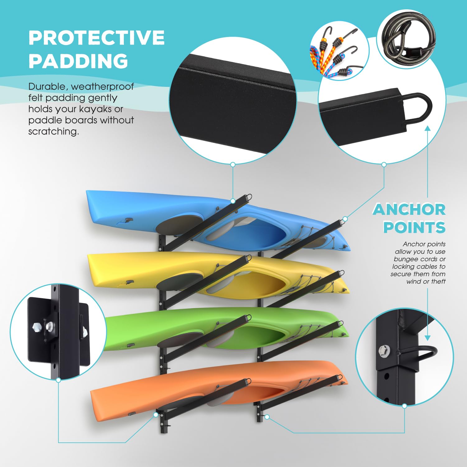 Adjustable Kayak Storage Rack - Heavy Duty SUP Stand, Weatherproof Canoe & Paddleboard Holder for Indoor Outdoor Use - Perfect for Garage, Shed, Dock, Beach House Storage - Organize Surfboards, Kayaks & Water Sports Gear
