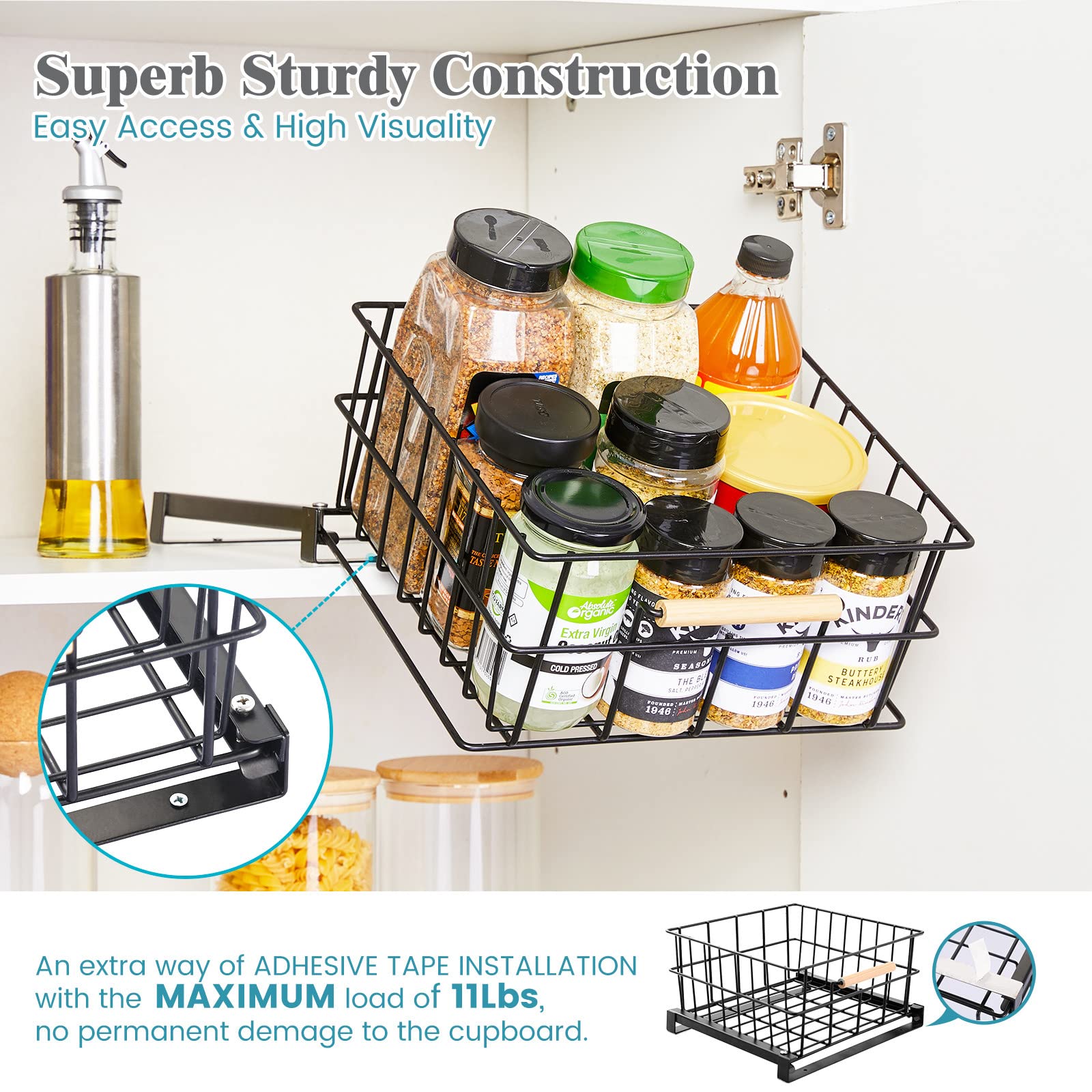 HOUSE AGAIN Pull Down Kitchen Cabinet Organizer - Drop Down Spice Rack for Easy Access in Pantry, Cabinet & Cupboard - Sliding Out Storage Basket for Upper Cabinets - Black Pull Out Drawer - Perfect for Small Kitchens & Organized Cooking Spaces