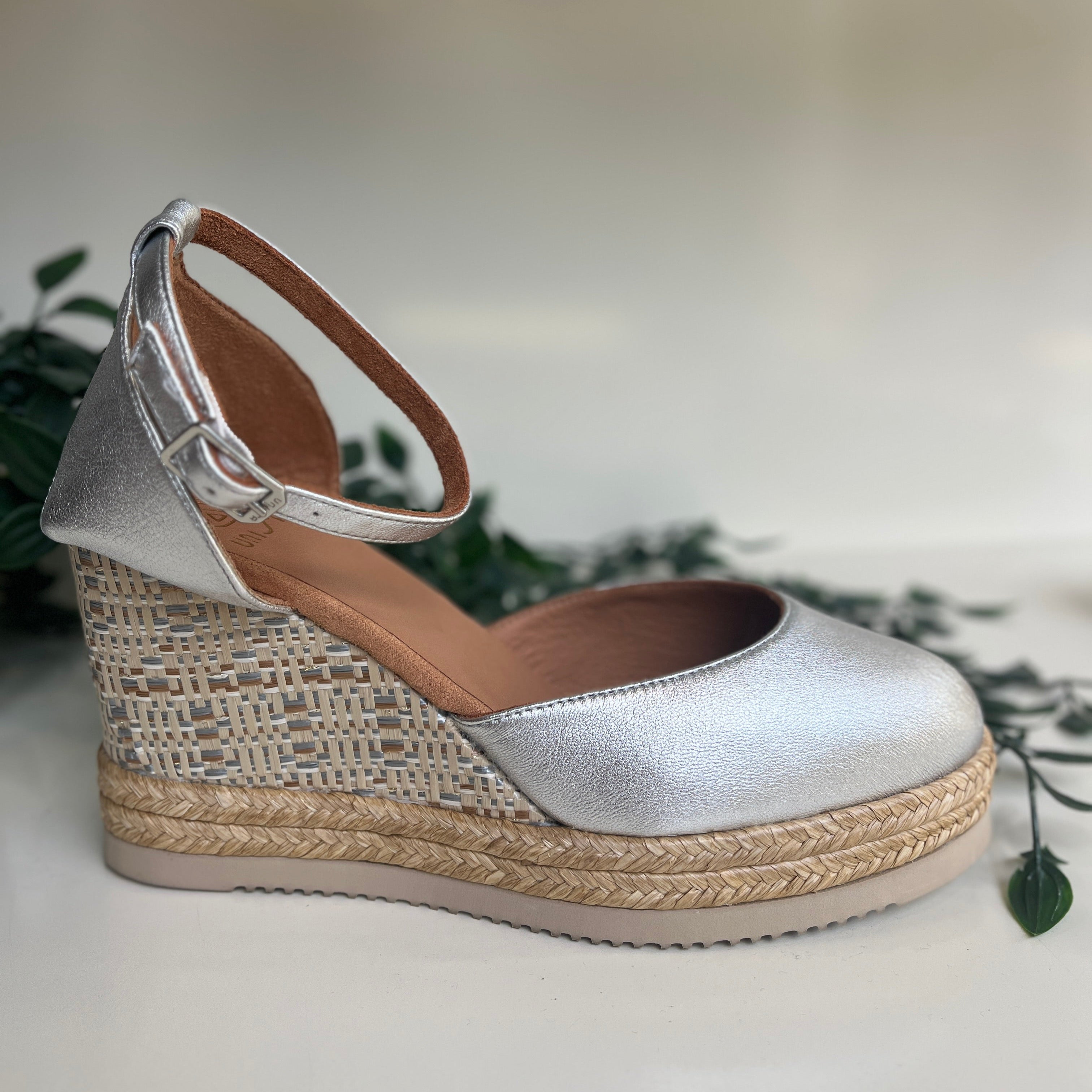 UNISA Women's Silver Leather Wedge Espadrille Shoes - Comfortable Summer Casual Sandals for Beach, Wedding & Outdoor Activities
