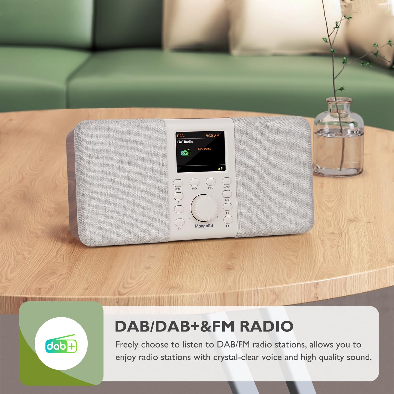 MangoKit SR20 Digital Internet Radio with DAB/DAB+, WiFi, Bluetooth, FM - Smart Podcast Player, Color Screen, Dual Alarms, AC/Battery Powered - Perfect for Kitchen, Bedroom, and Office Use