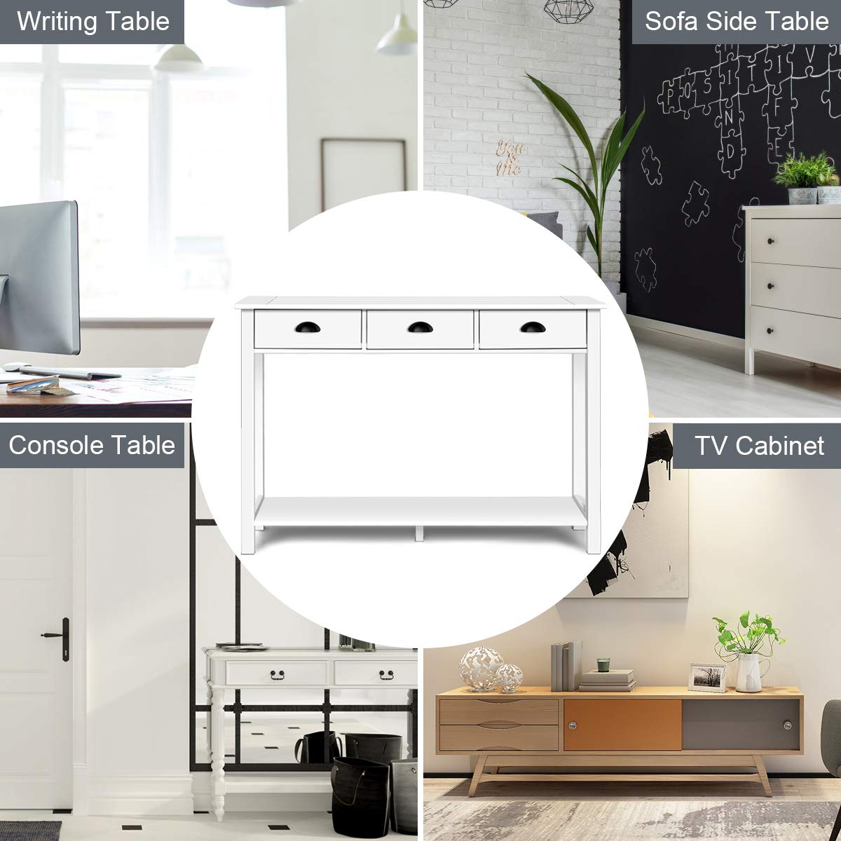Giantex 3-Drawer Console Table with Shelf - White Sofa Side Table, Rectangular Entryway Table for Living Room & Hallway - Perfect for Home Decor, Storage & Organization