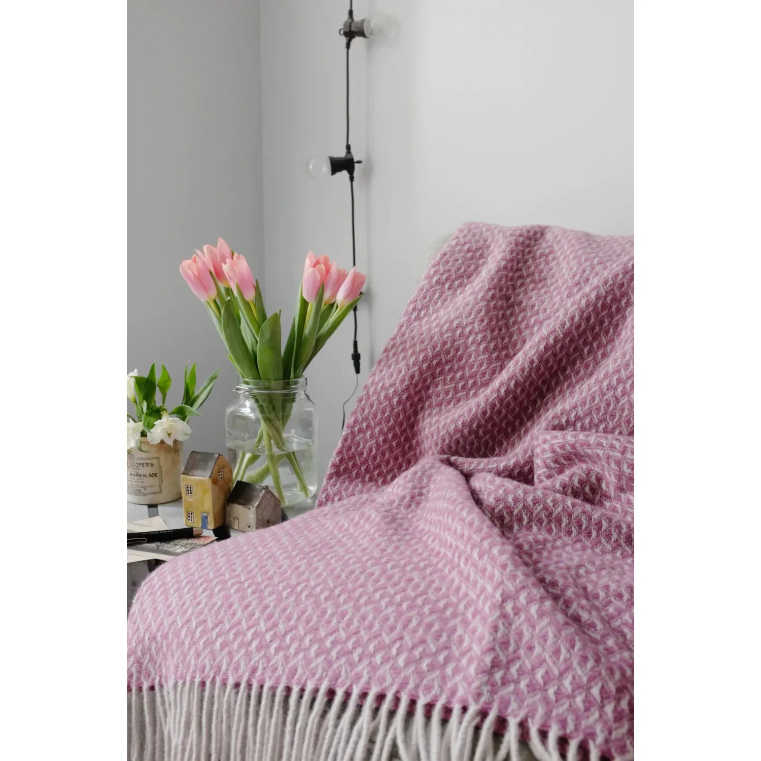 Mulberry Red 100% Pure New Wool Diamond Throw Blanket - 72