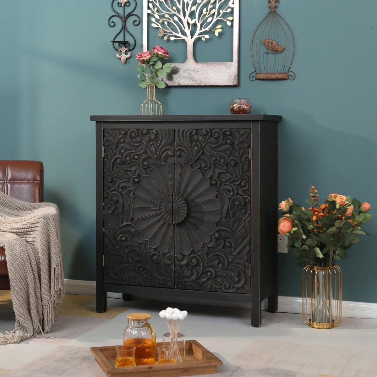 Hand Carved Black Wooden Sideboard Cabinet - Natural Solid Wood Buffet Storage for Dining Room, Living Room & Entryway