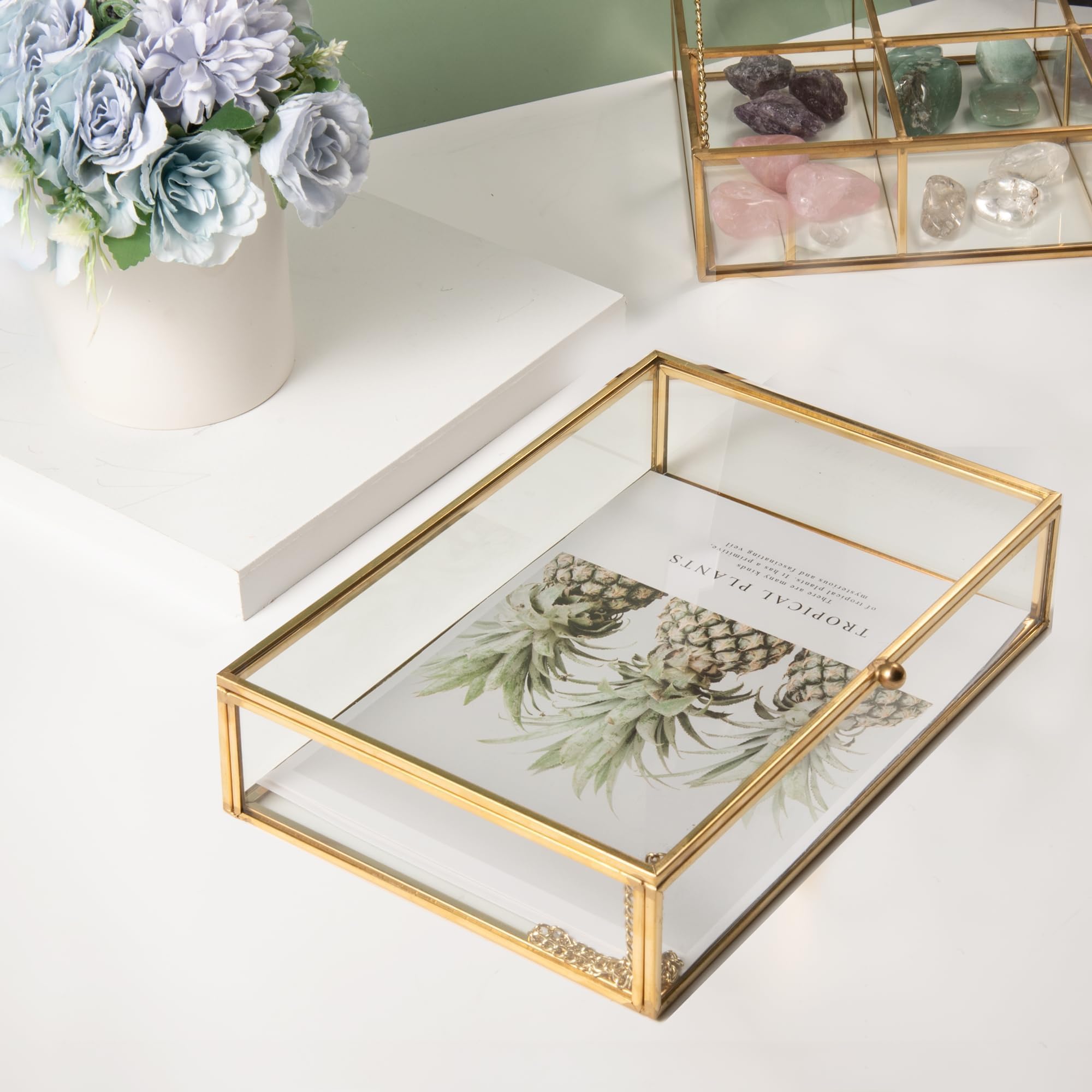Feyarl Gold Glass Jewelry Box - 5x7 Photo Card Organizer with Lid - Decorative Keepsake Storage Case for Rings, Necklaces & Small Treasures - Perfect for Home Decor, Gift Wrapping & Vanity Display (8.66 x 5.9 x 1.96 Inches)