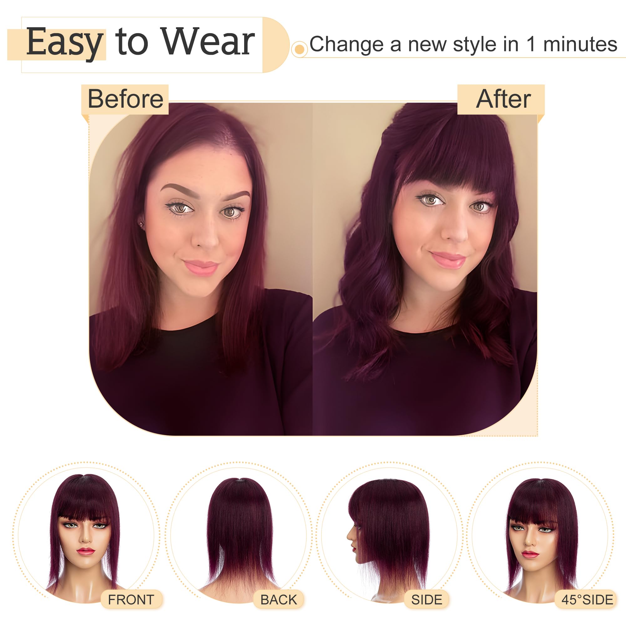 SEGO 12 Inch Wine Red Human Hair Toppers for Women with Bangs - 7x13cm Silk Base Clip-in Top Wiglet for Thinning Hair | 100% Remy Human Hair | Perfect for Daily Wear, Parties & Special Occasions
