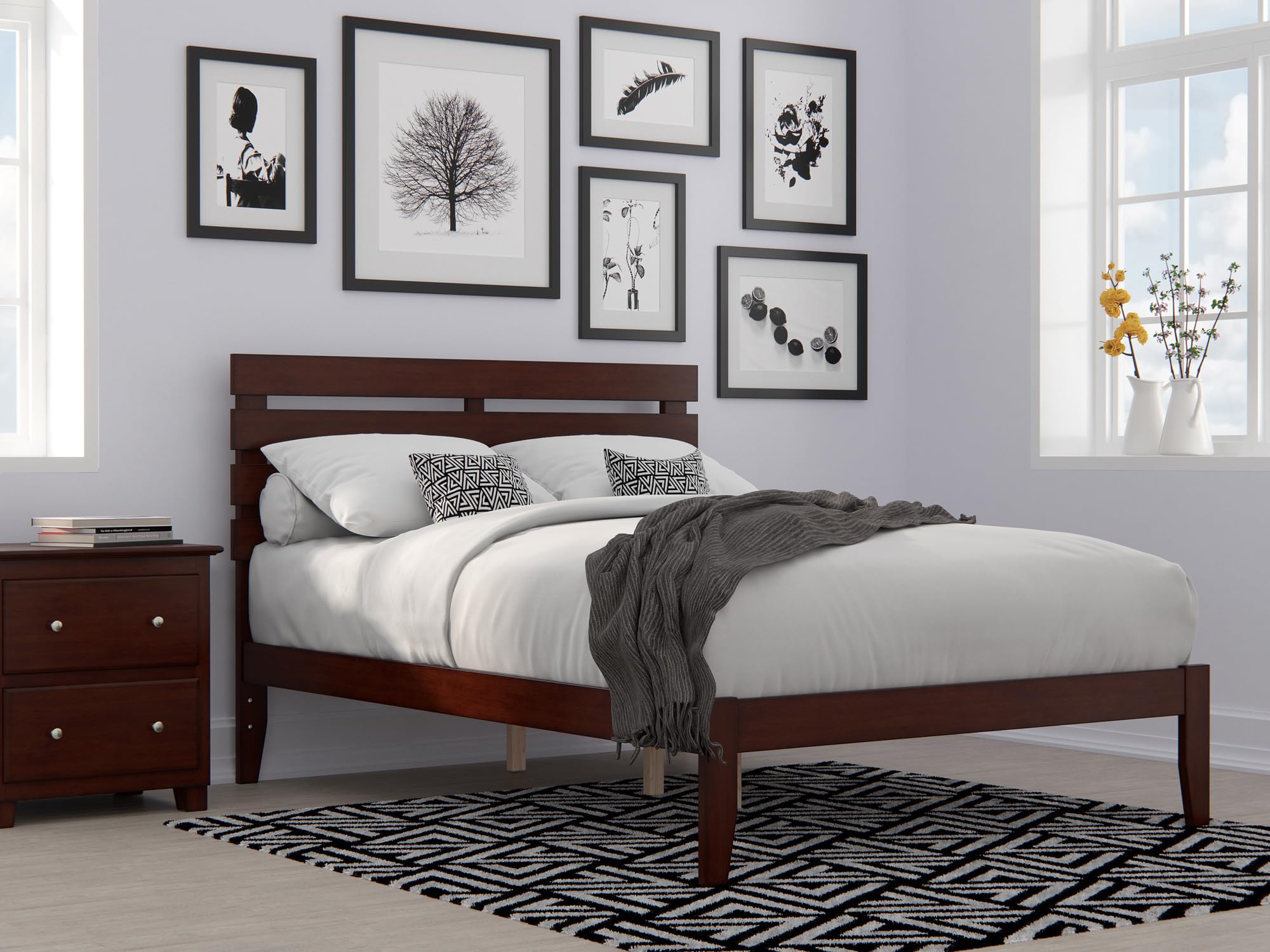 AFI Oxford Full Size Platform Bed with USB Charging Station - Solid Walnut Wood Frame - Modern Bedroom Furniture for Small Spaces & Apartments