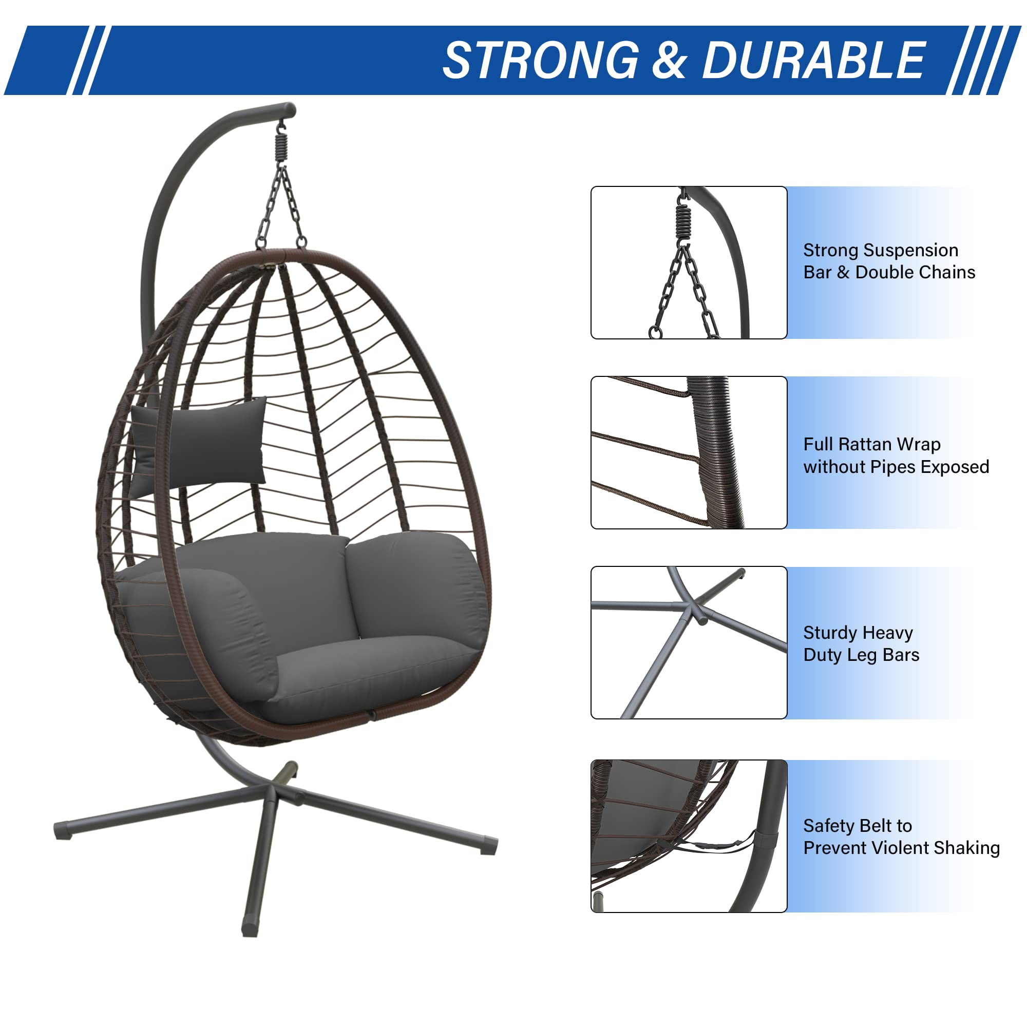ALAULM Egg Swing Chair - Indoor/Outdoor Wicker Rattan Hanging Chair with Stand, 350lbs Capacity, Sturdy Steel Frame & Gray Cushions - Perfect for Patio, Balcony, Bedroom, Garden & Relaxation Spaces