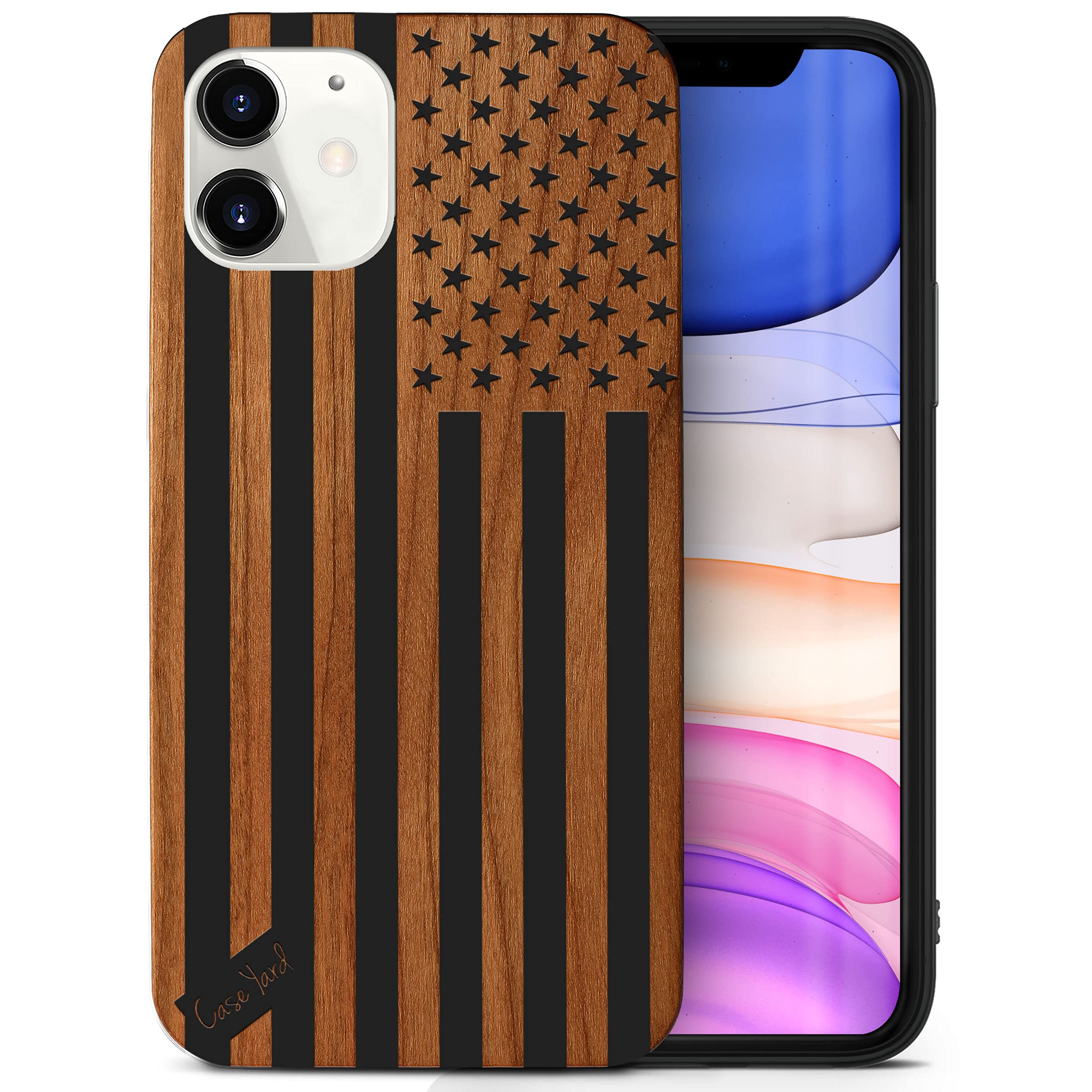 CaseYard Wooden iPhone 11 Case - Laser Engraved American Flag Design | Shockproof Slim Fit Protective Cover for Men & Women | Perfect for Outdoor Activities, Travel & Daily Use
